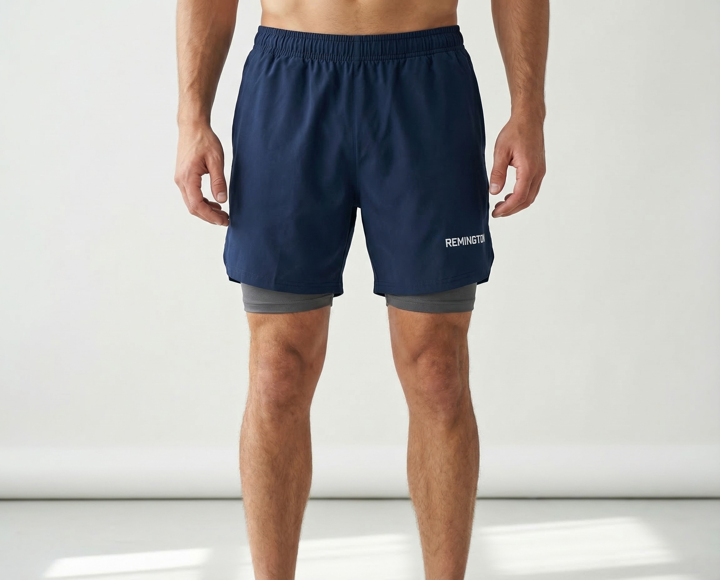 FlexRun men’s navy 2-in-1 performance gym shorts back view