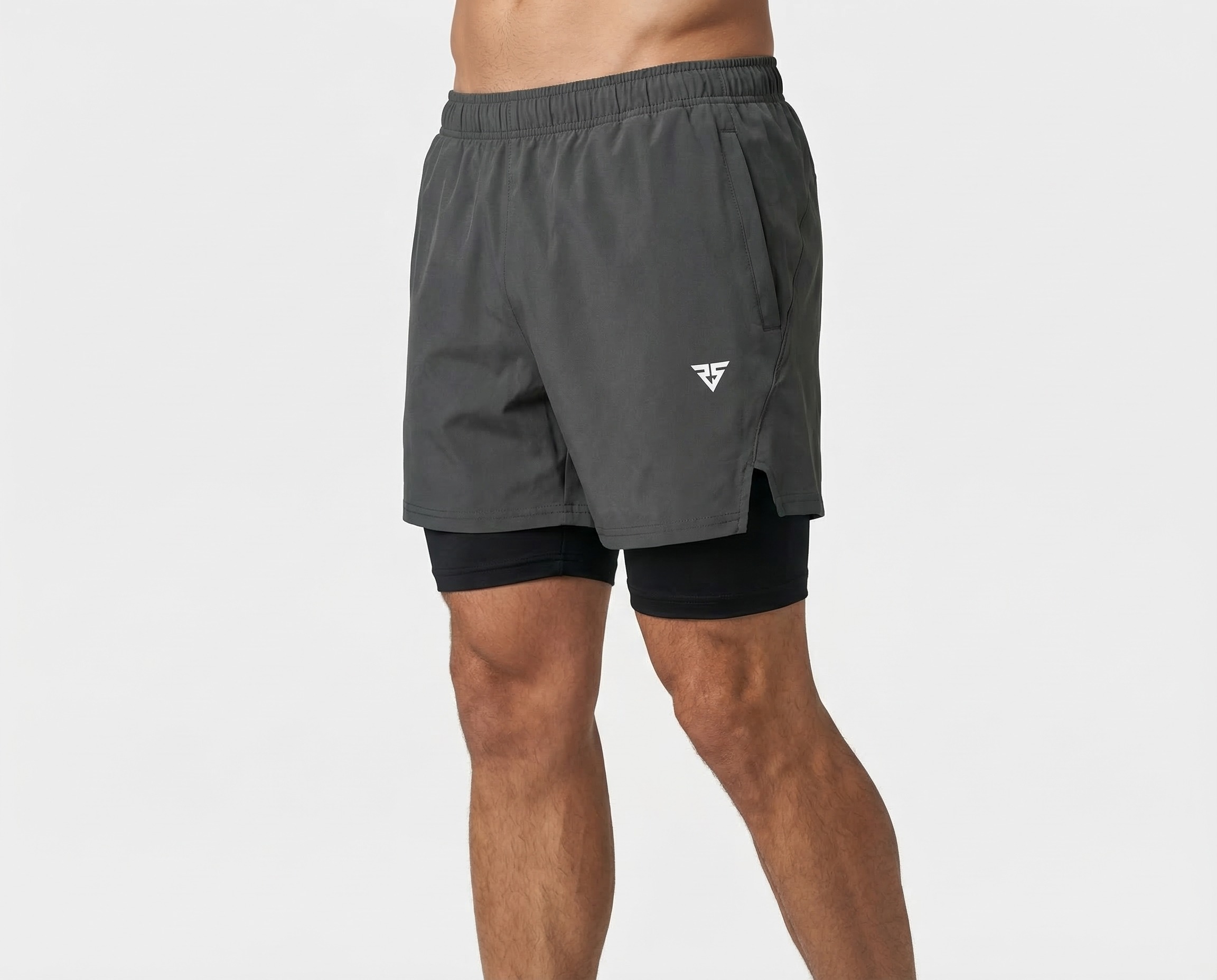 DualCore men’s charcoal grey 2-in-1 training shorts with black compression inner layer front view