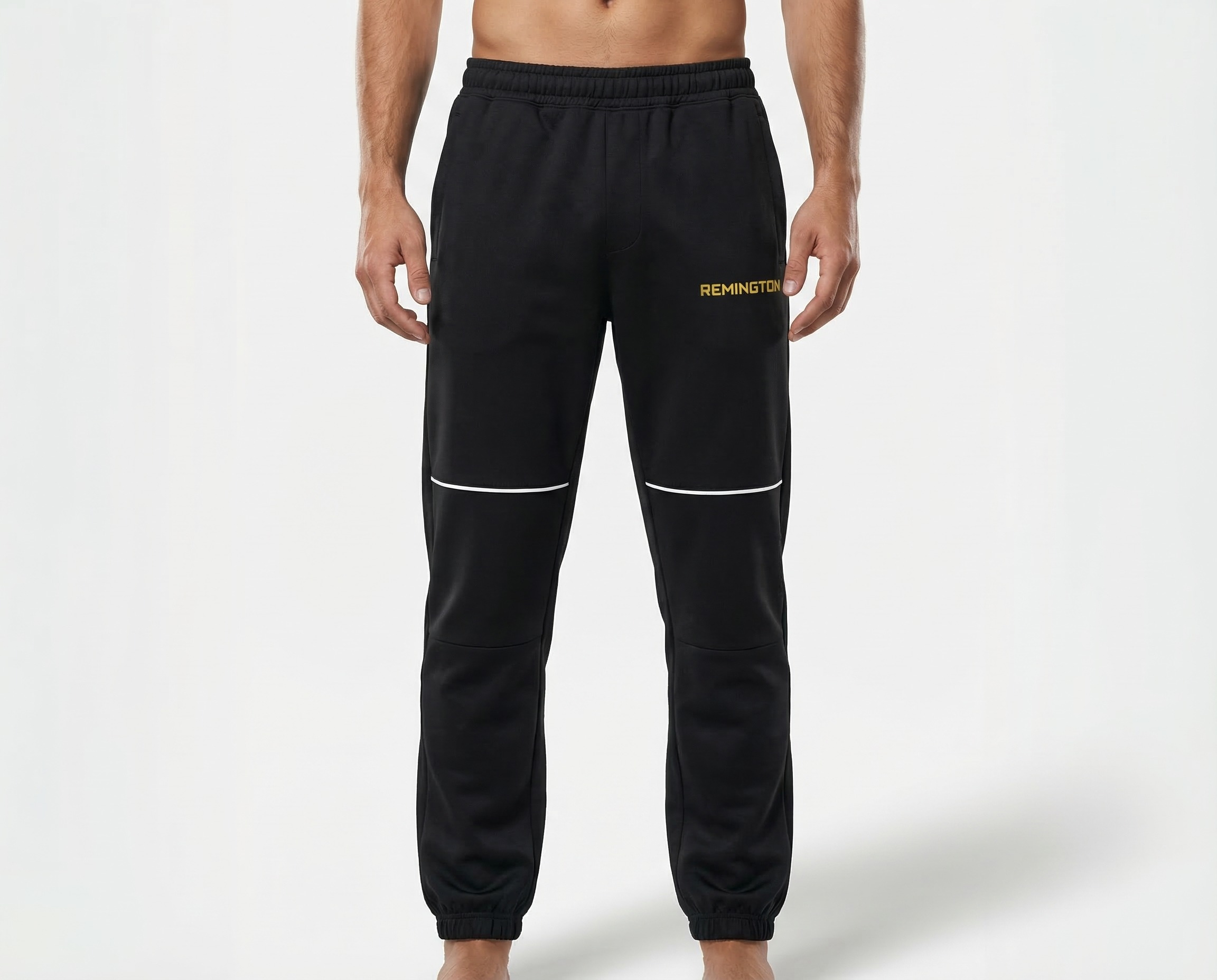 StridePro men’s black performance joggers with contrast knee piping front view