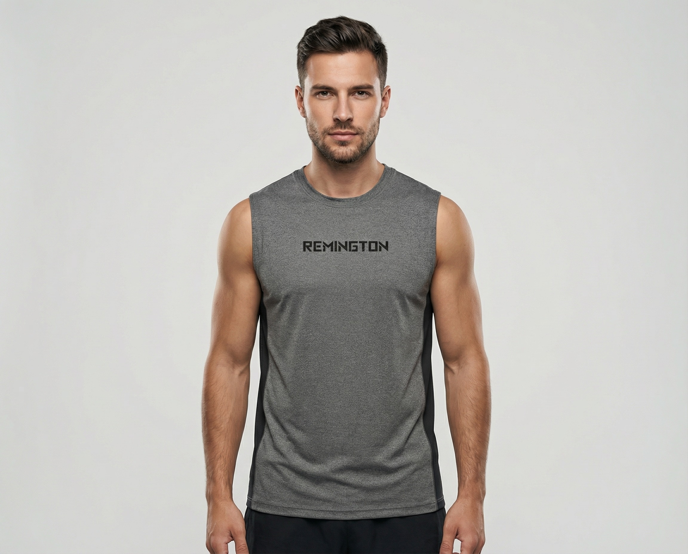 AeroTank men’s heather grey performance tank top with black mesh side panels front view