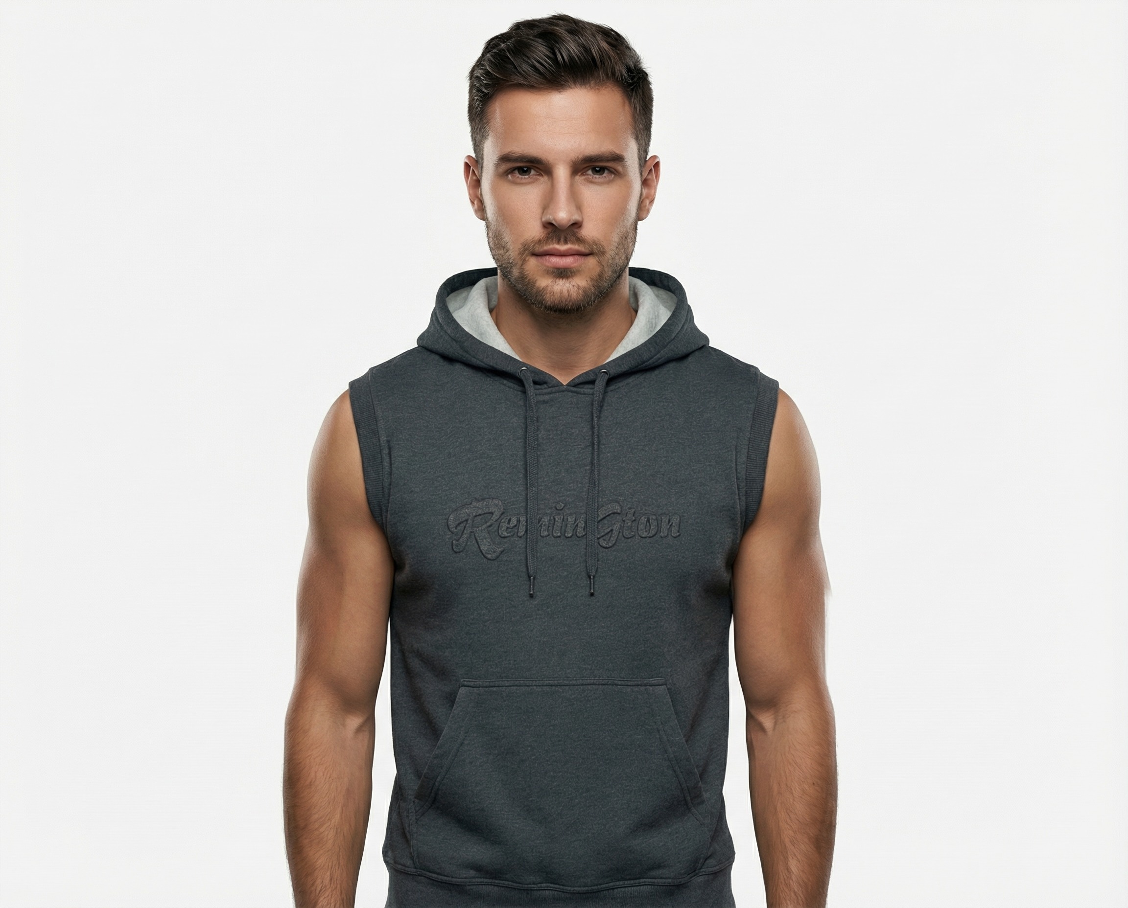 CoreFlex men’s charcoal grey sleeveless training hoodie with kangaroo pocket front view