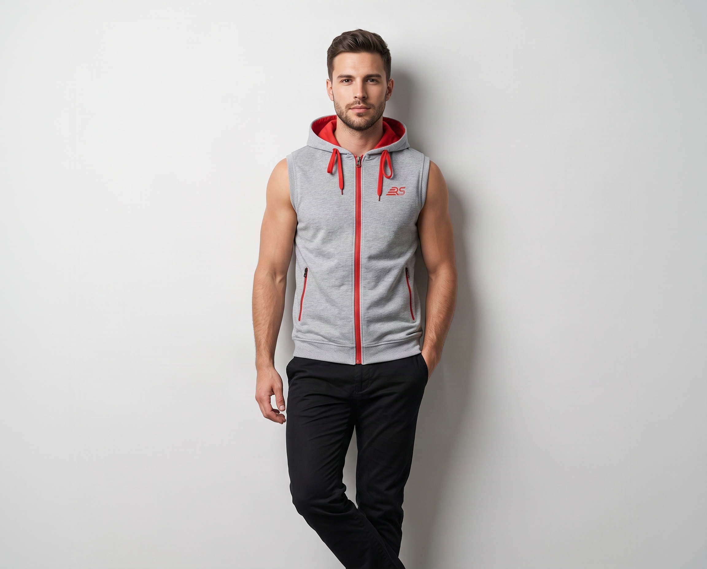Men’s grey sleeveless zip hoodie with red zipper, drawcords and zippered side pockets.