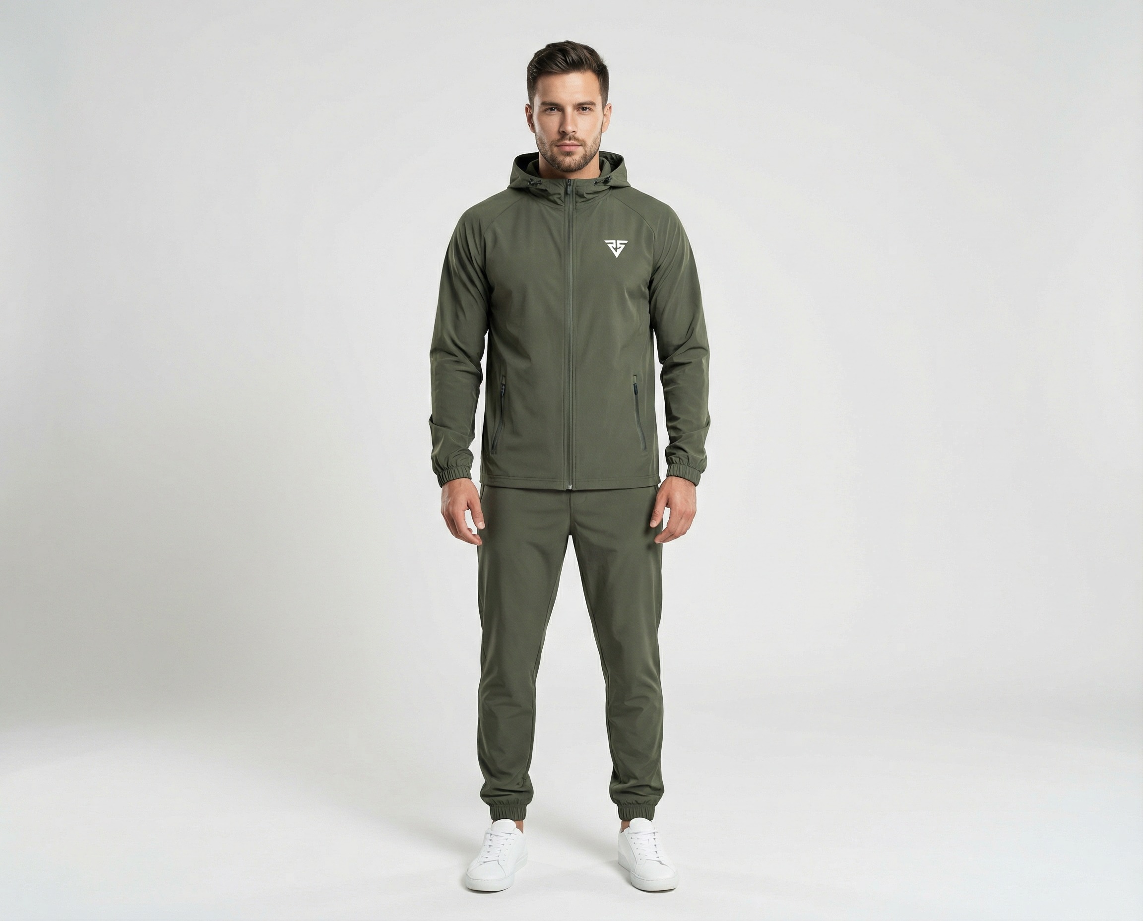 Front view of men's olive-green full-zip hooded tracksuit with matching jogger pants