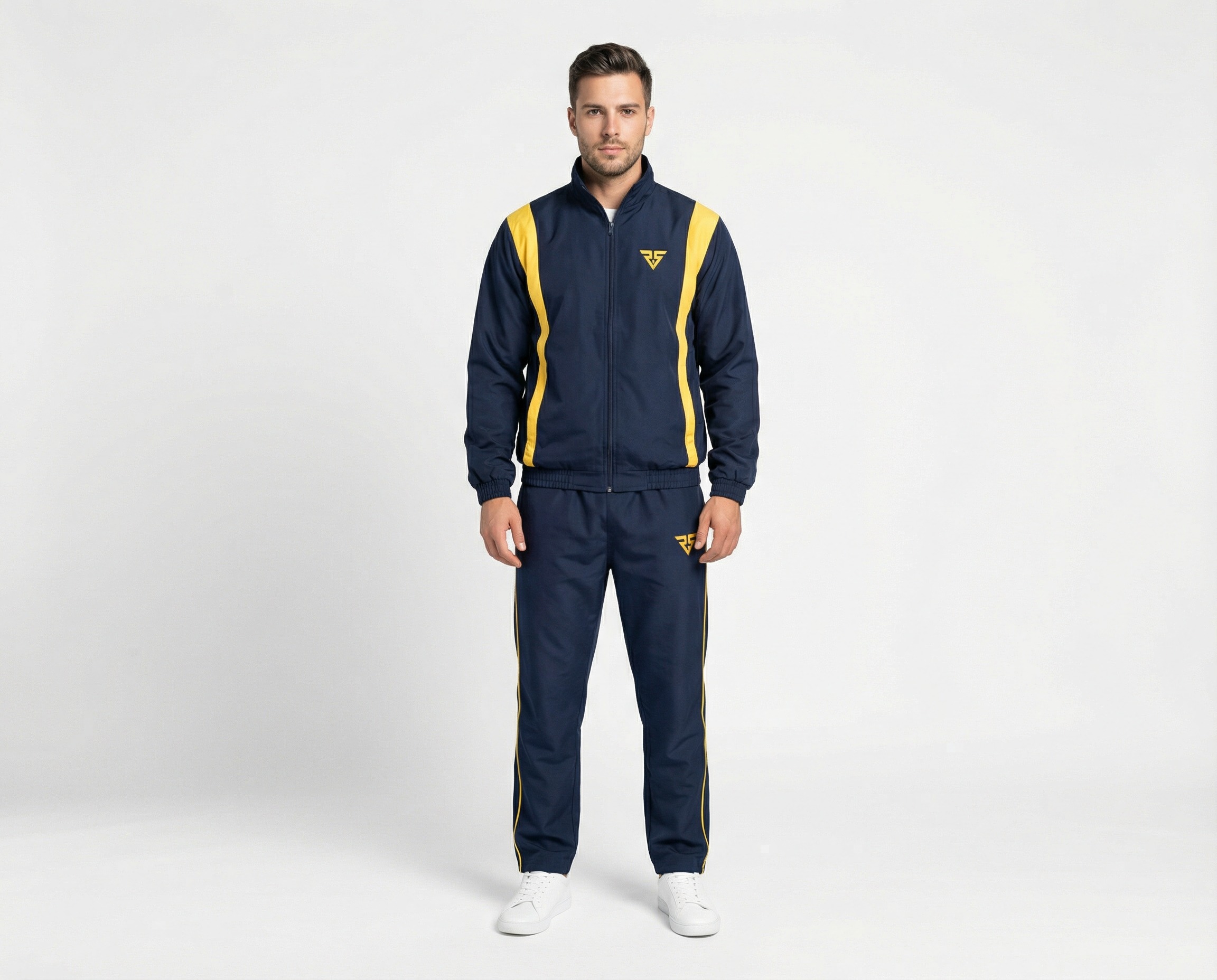 Men's navy blue tracksuit with yellow shoulder-to-hem panels, stand-up collar and yellow piping on matching pants