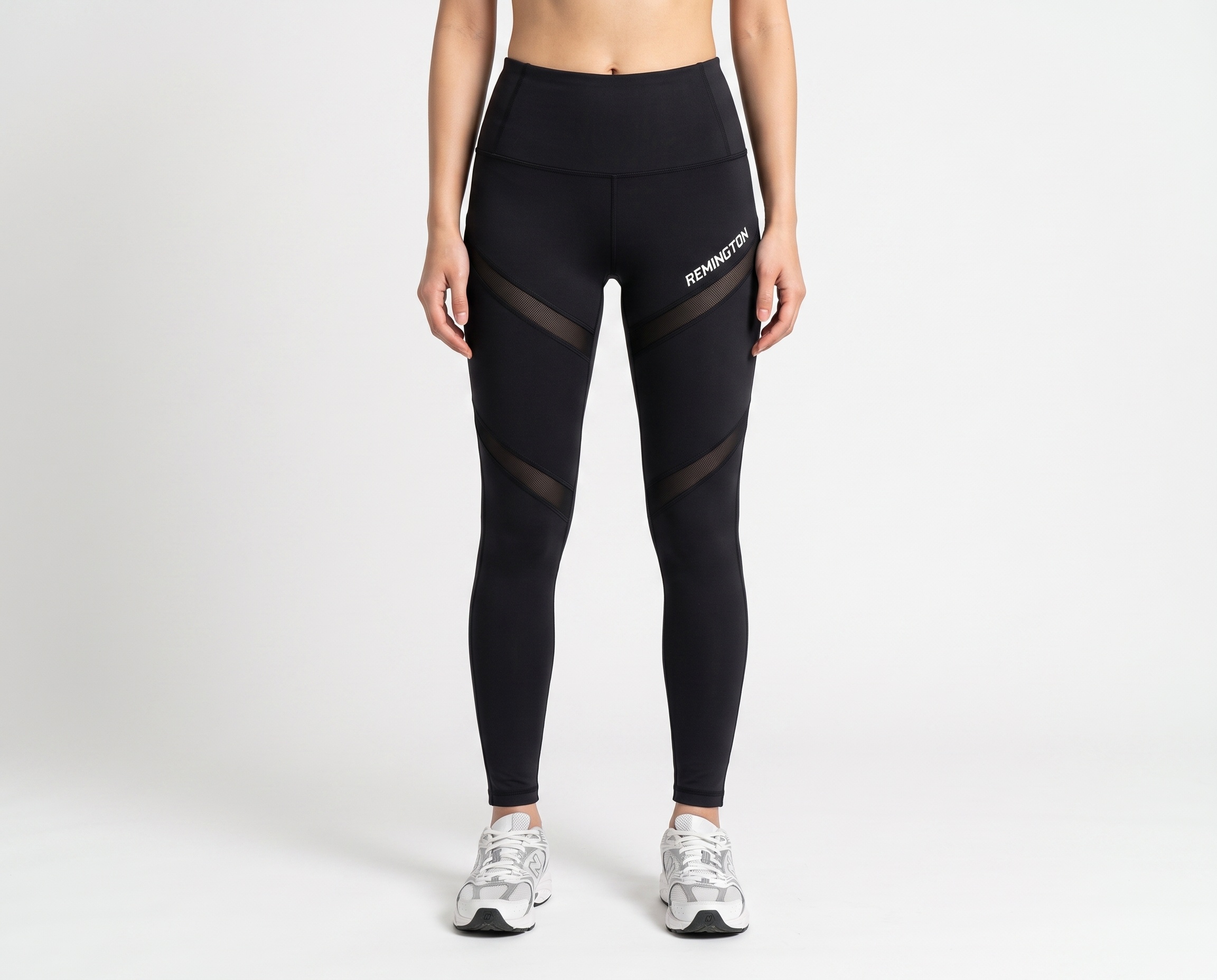 AeroMesh women’s black high-waist performance leggings with breathable mesh panels front view