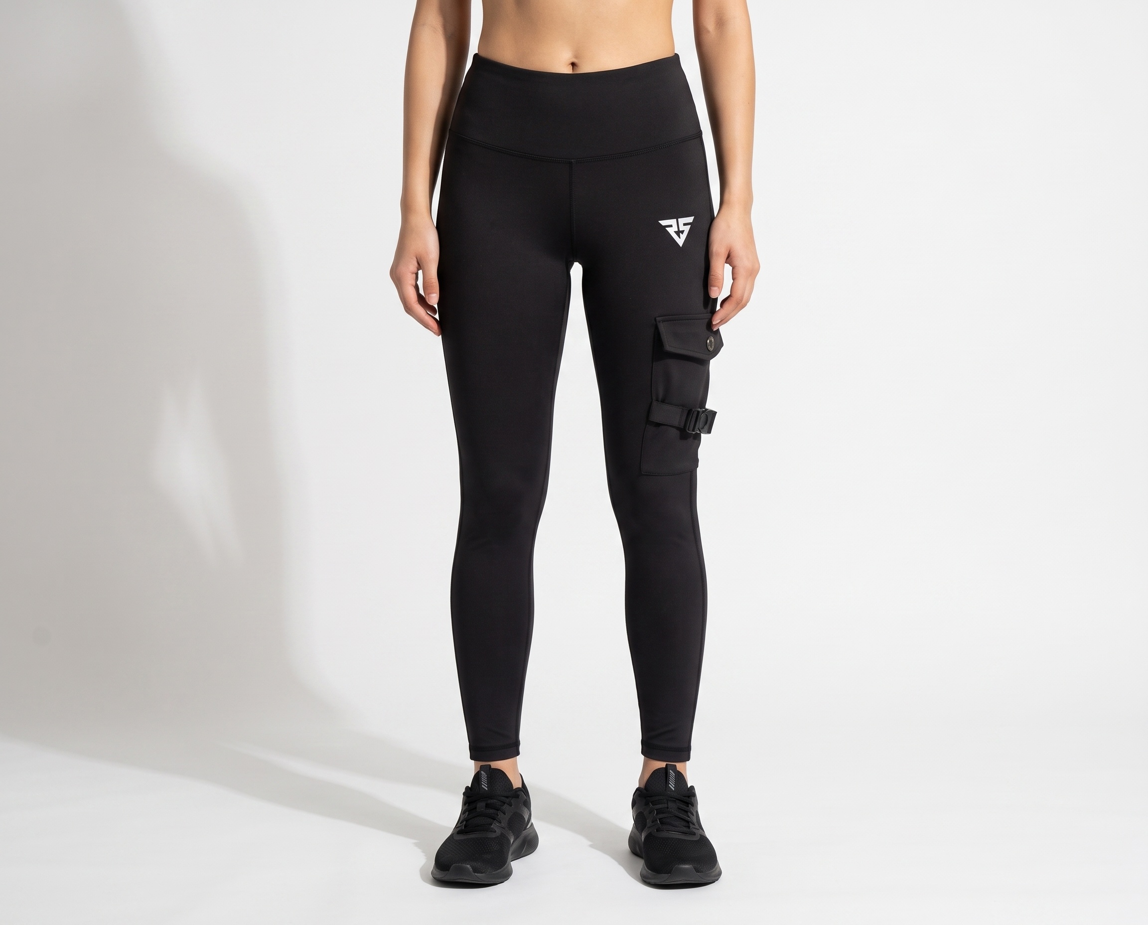 FlexCargo women’s black high-waist cargo leggings with utility thigh pocket front view