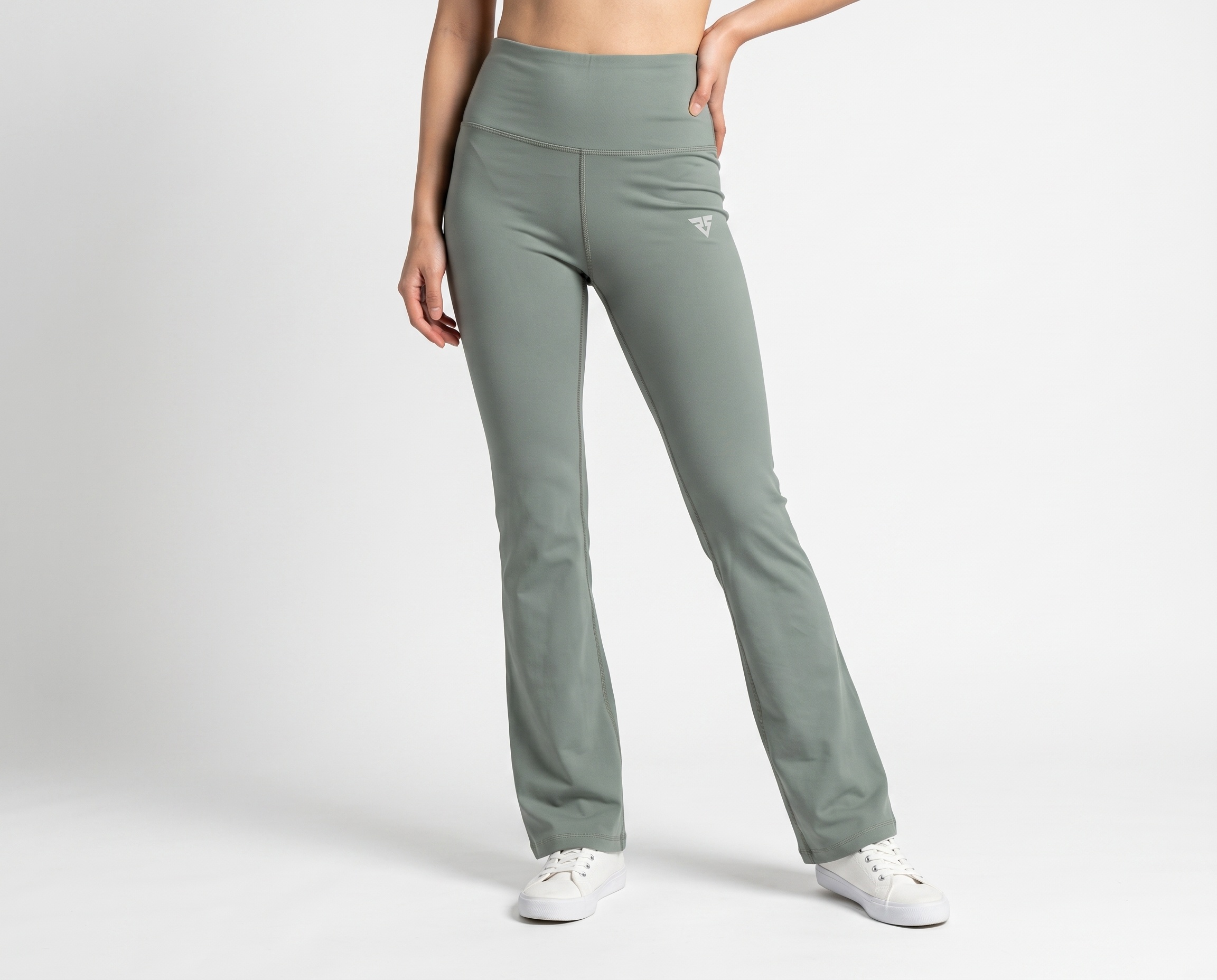 FlowFlare women’s sage green high-waist flared performance leggings front view