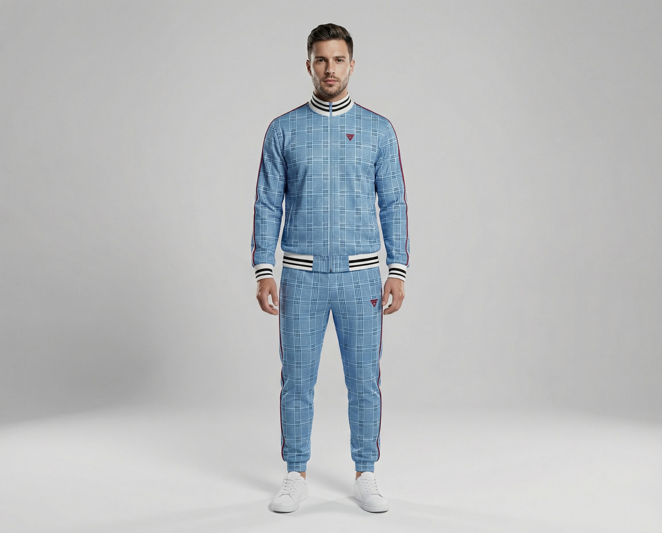 Men's blue checkered tracksuit with stand-up collar, full-length zipper, black-and-white striped ribbed cuffs and matching joggers