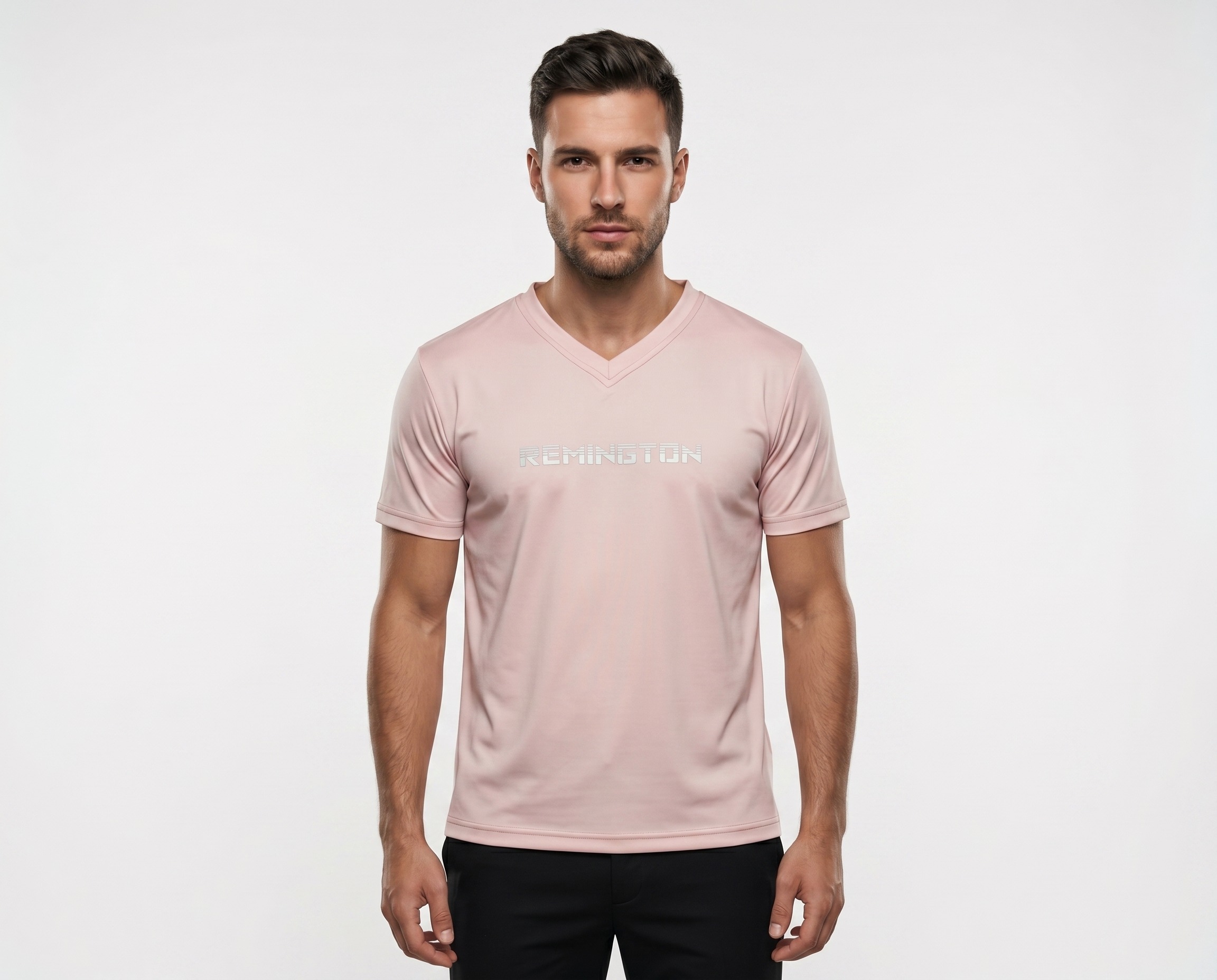 Front and back view of a men's blush pink V-neck performance t-shirt made from lightweight moisture-wicking polyester fabric for sports, gym, and activewear.