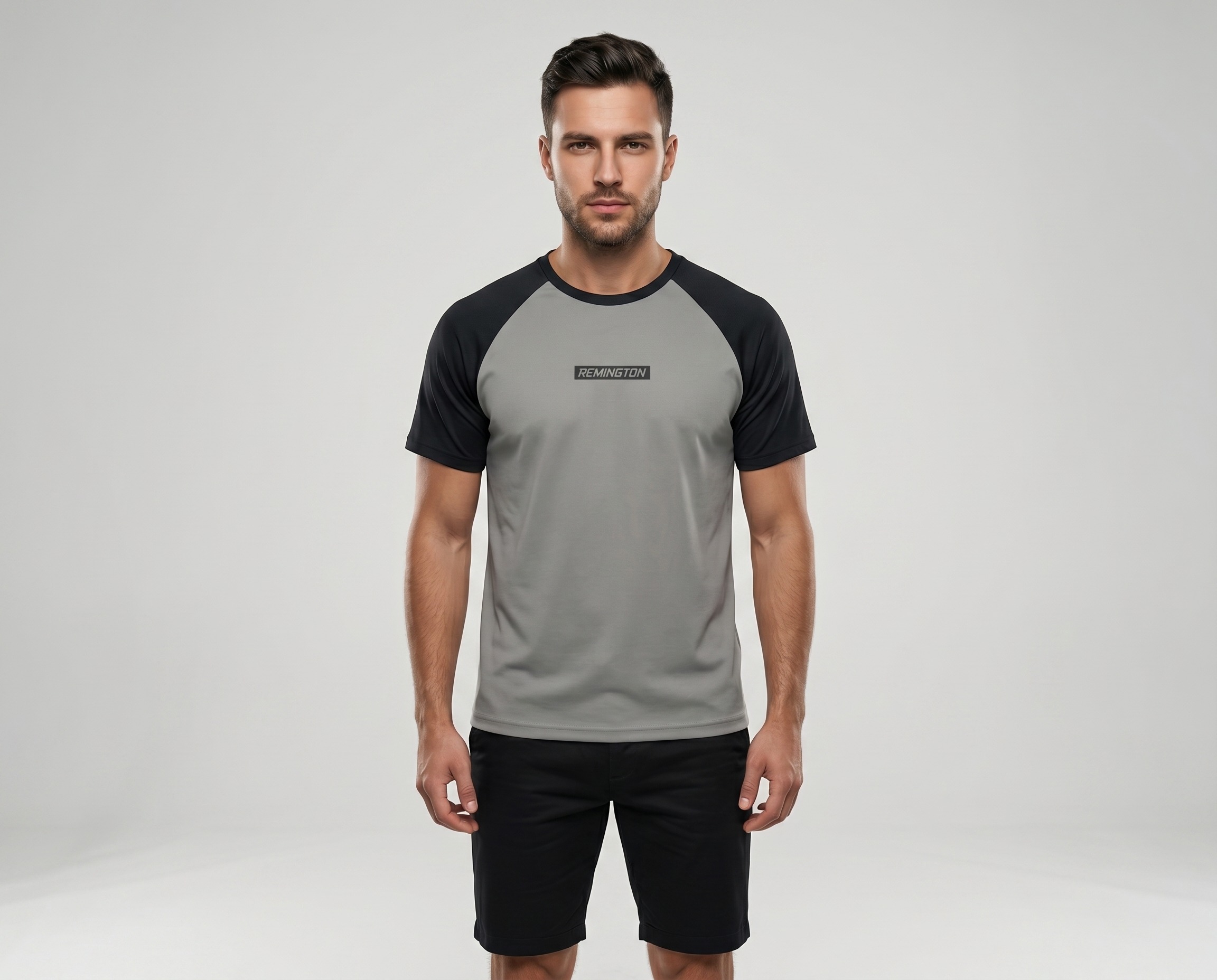 AeroEdge men’s grey and black performance raglan T-shirt front view