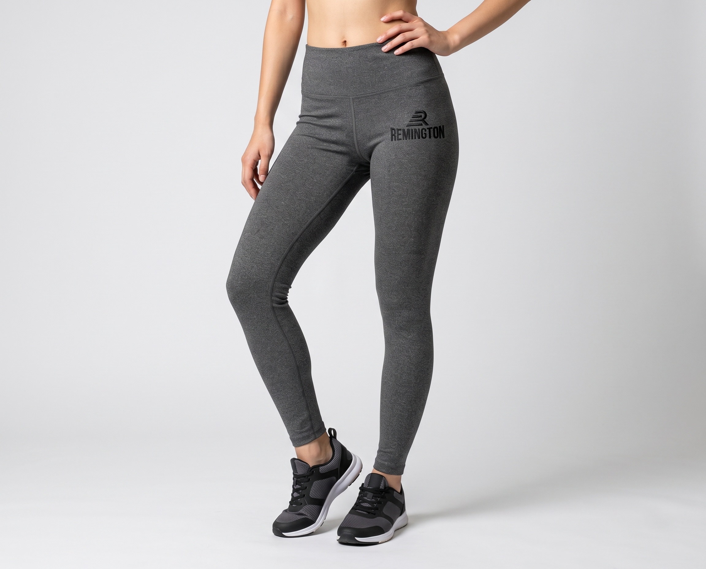 CoreFlex women’s charcoal grey high-waist performance leggings front view with silicone Remington logo