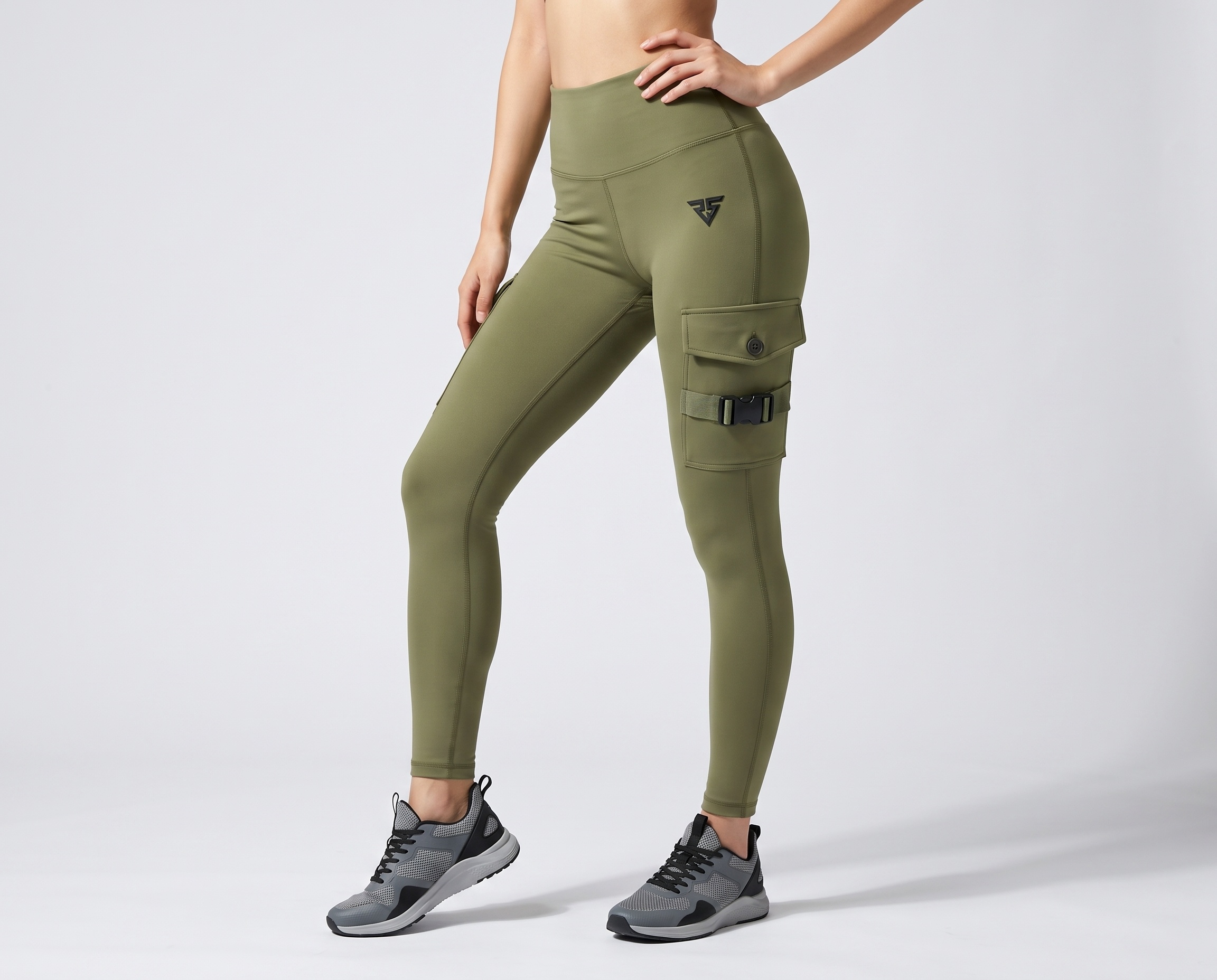UtilityFlex women’s olive green high-waist cargo leggings with functional thigh pocket and buckle detail