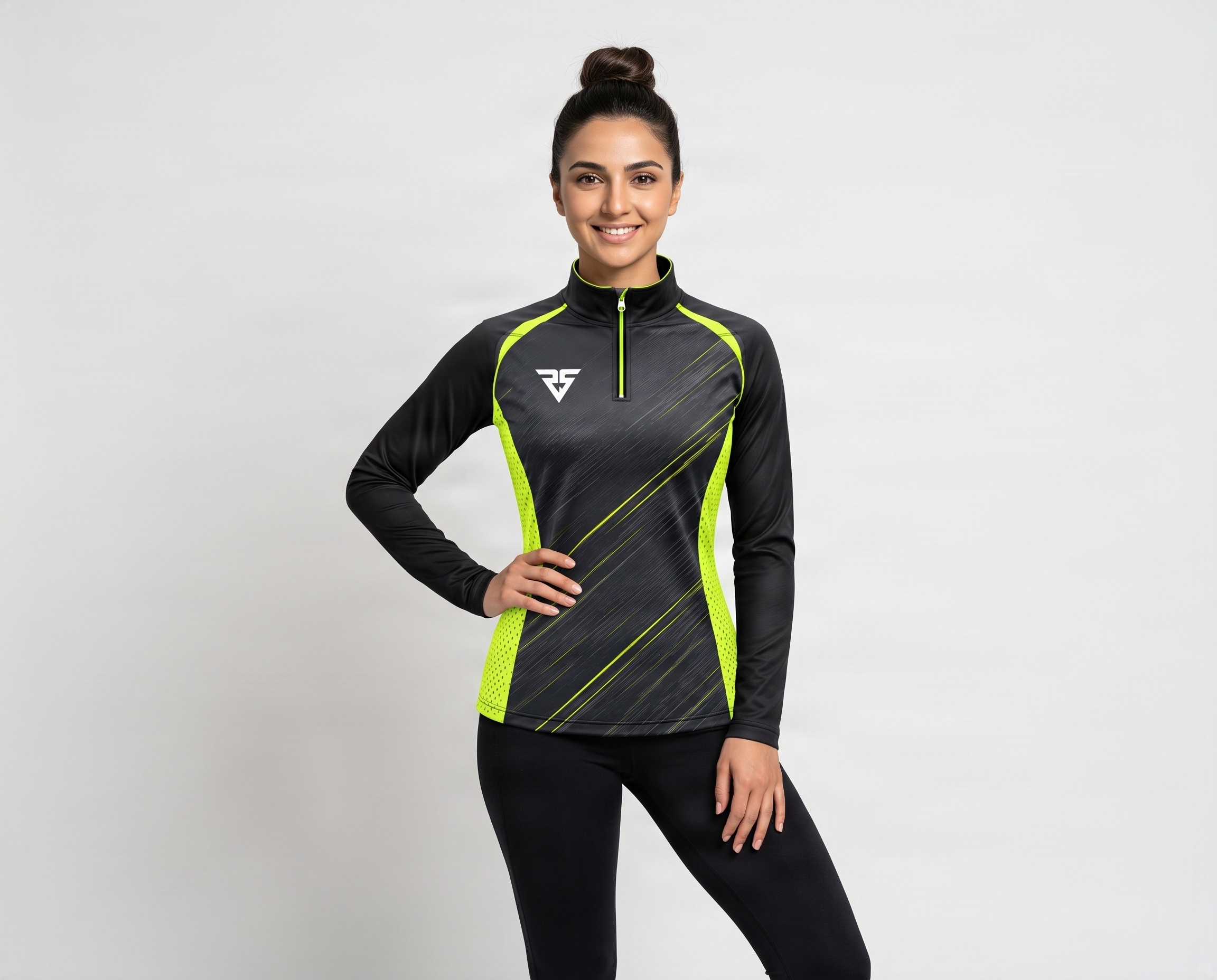Women’s black and fluorescent yellow sublimated quarter-zip training midlayer with breathable side panels