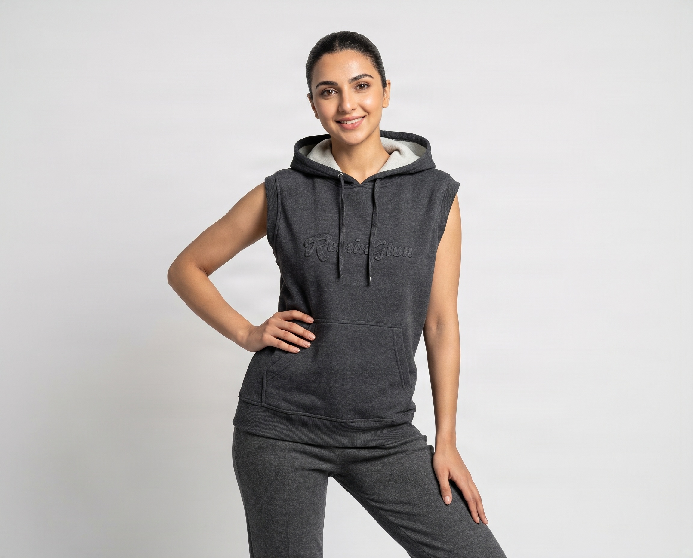 Women’s charcoal grey sleeveless training hoodie with drawstring hood and kangaroo pocket