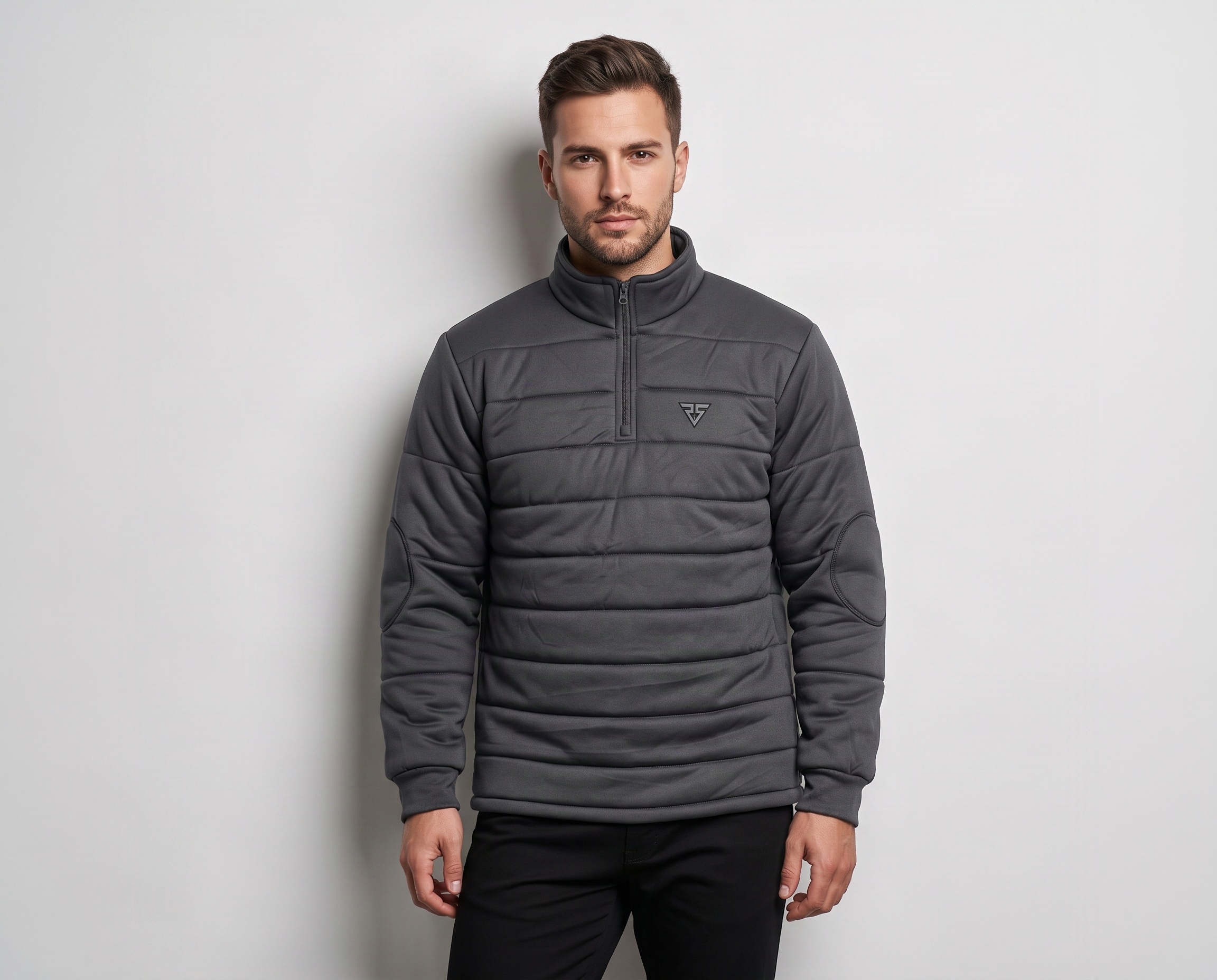Men’s charcoal grey quilted half-zip pullover with stand-up collar and chest logo