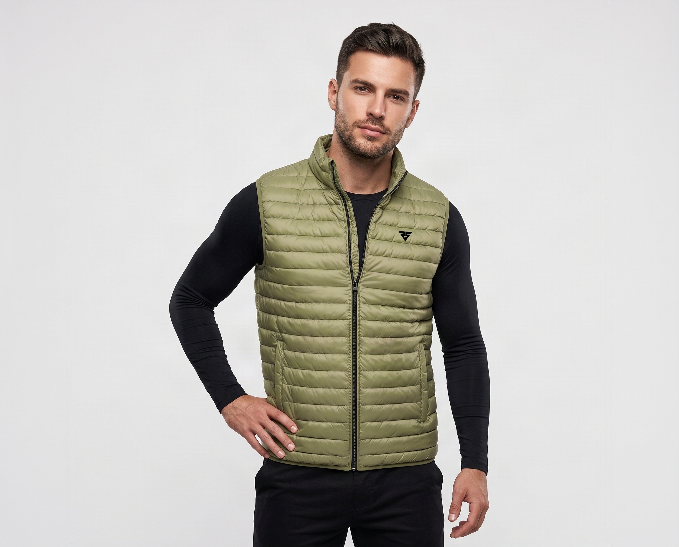 Men’s olive green lightweight quilted puffer vest with stand-up collar, full zipper and chest logo
