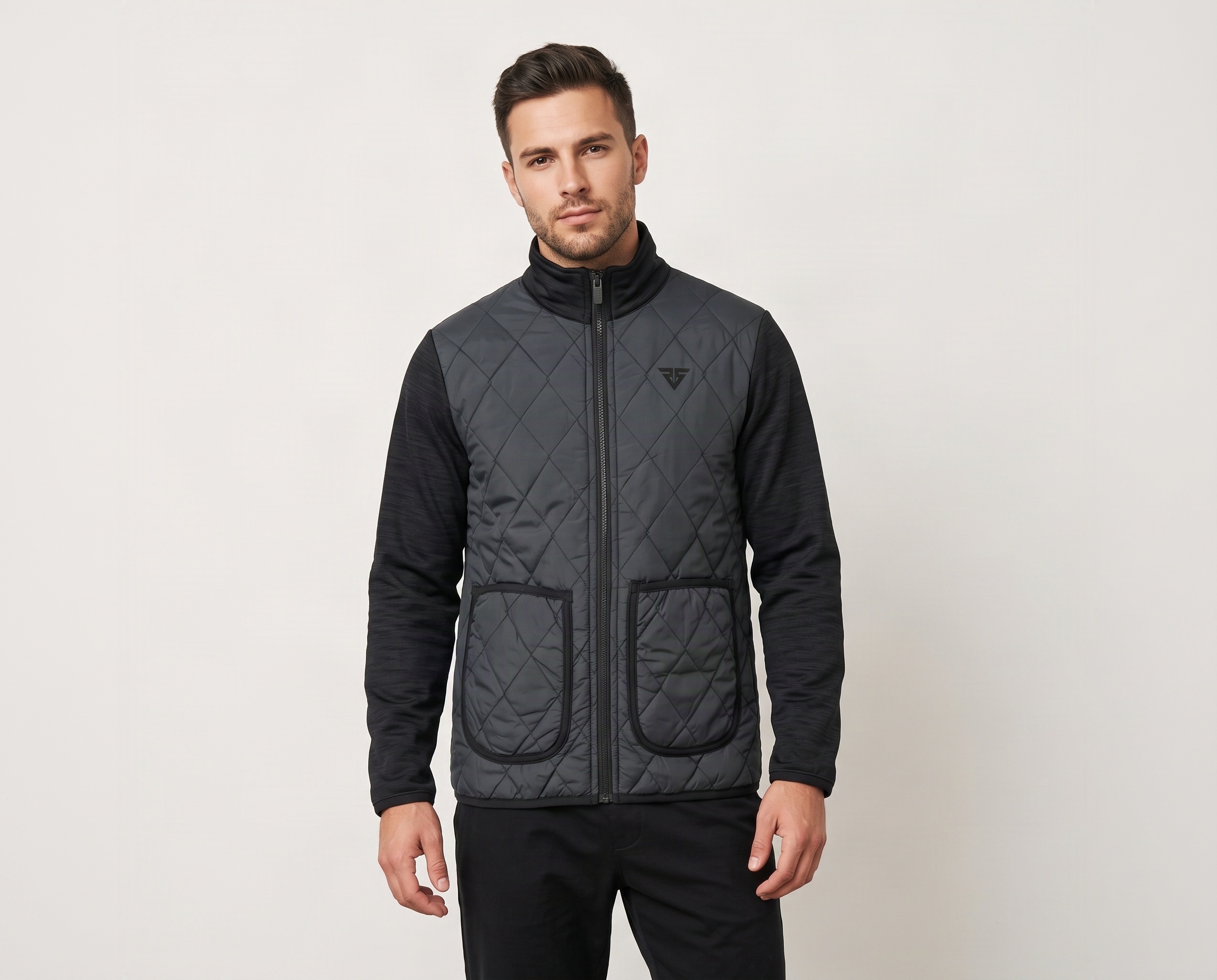 Men’s charcoal grey diamond-quilted hybrid jacket with black knit sleeves, full zipper and patch pockets
