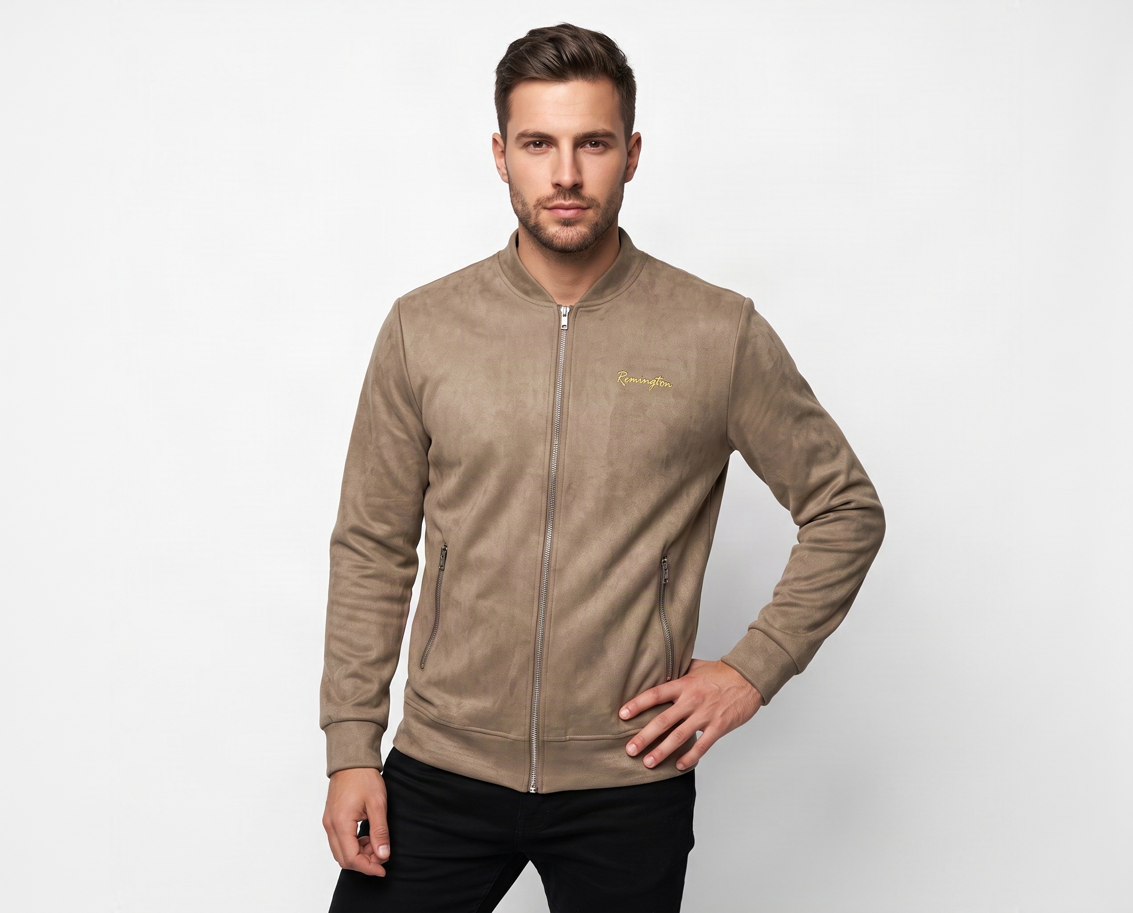 Men’s beige suede-look bomber jacket with front zipper, ribbed collar and zippered side pockets