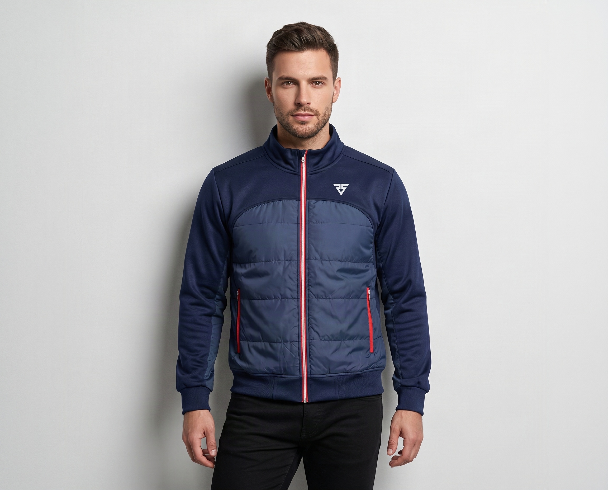 Men’s navy hybrid padded track jacket with contrast front panel, full zipper and zippered side pockets