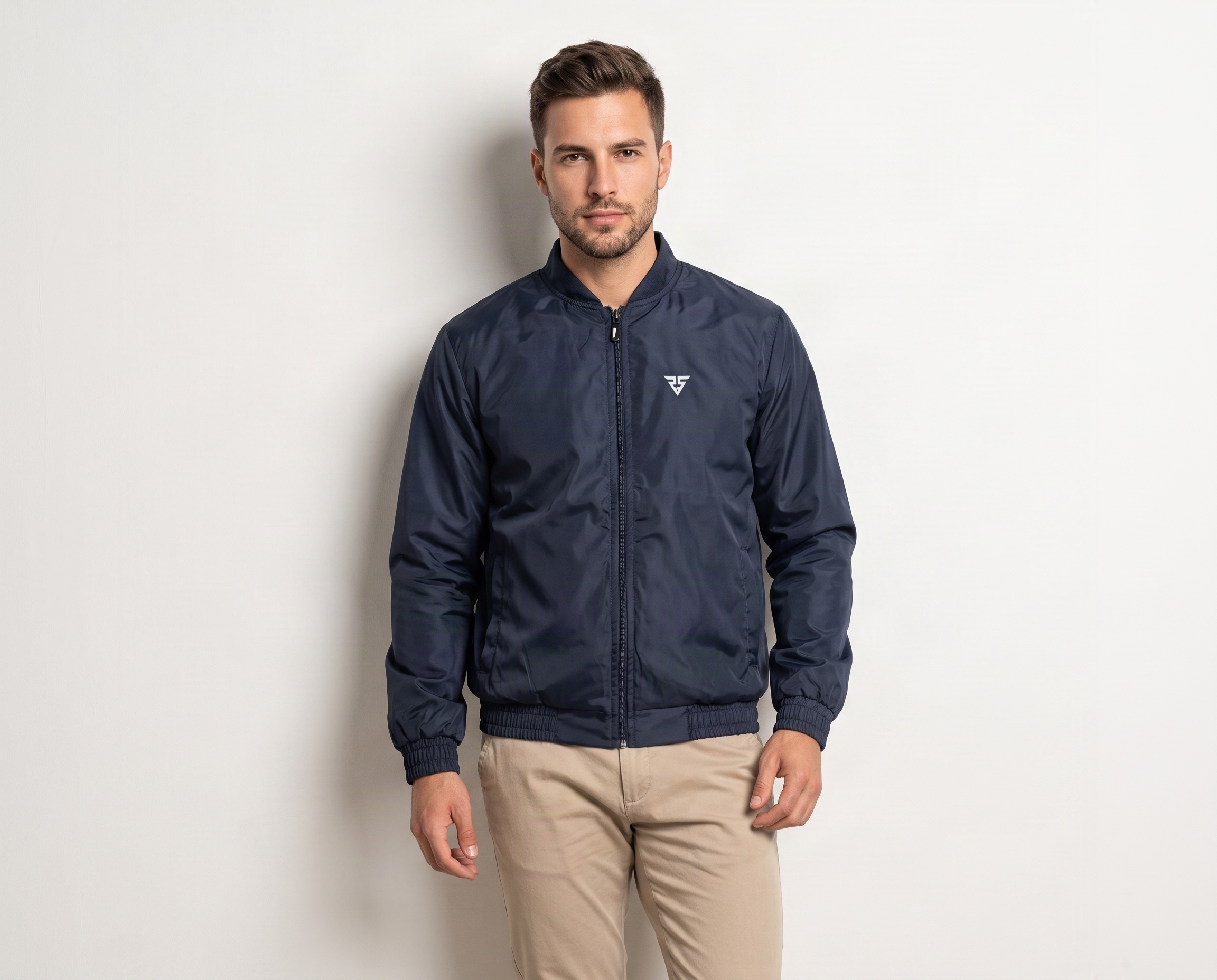 Men’s navy blue lightweight bomber jacket with full zipper and elasticated cuffs