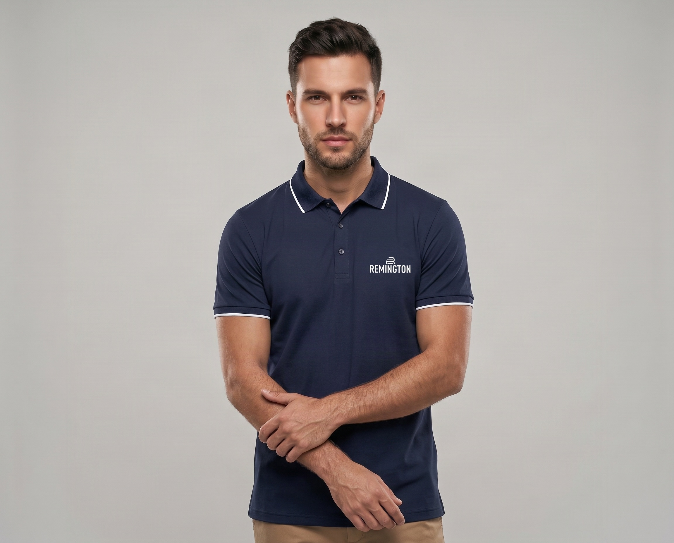 Navy men’s performance polo shirt with white contrast collar and sleeve piping by Remington Sports