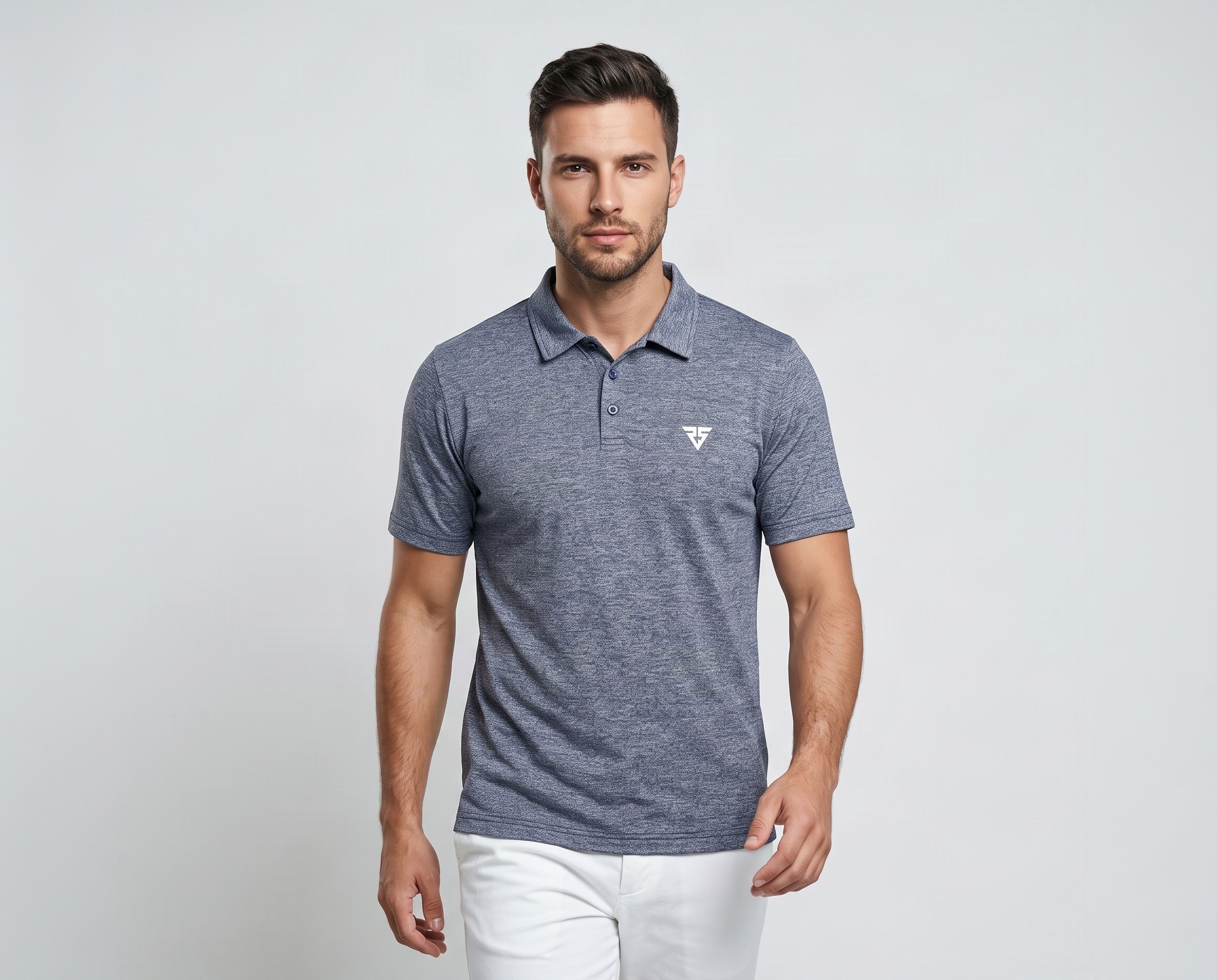 Men’s grey heather performance polo shirt with short sleeves, polo collar and custom chest logo