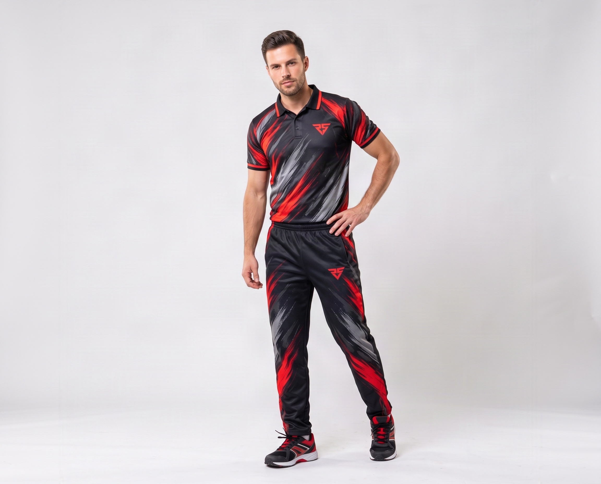 Men's black and red sublimated cricket uniform with polo collar, brushstroke graphics and matching full-length trousers