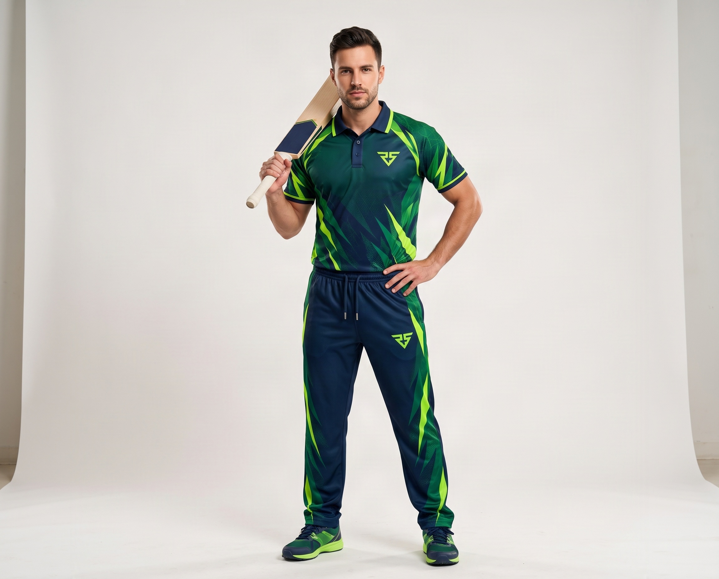 Men's navy blue and green sublimated cricket uniform with fluorescent lime graphics, polo jersey and matching trousers