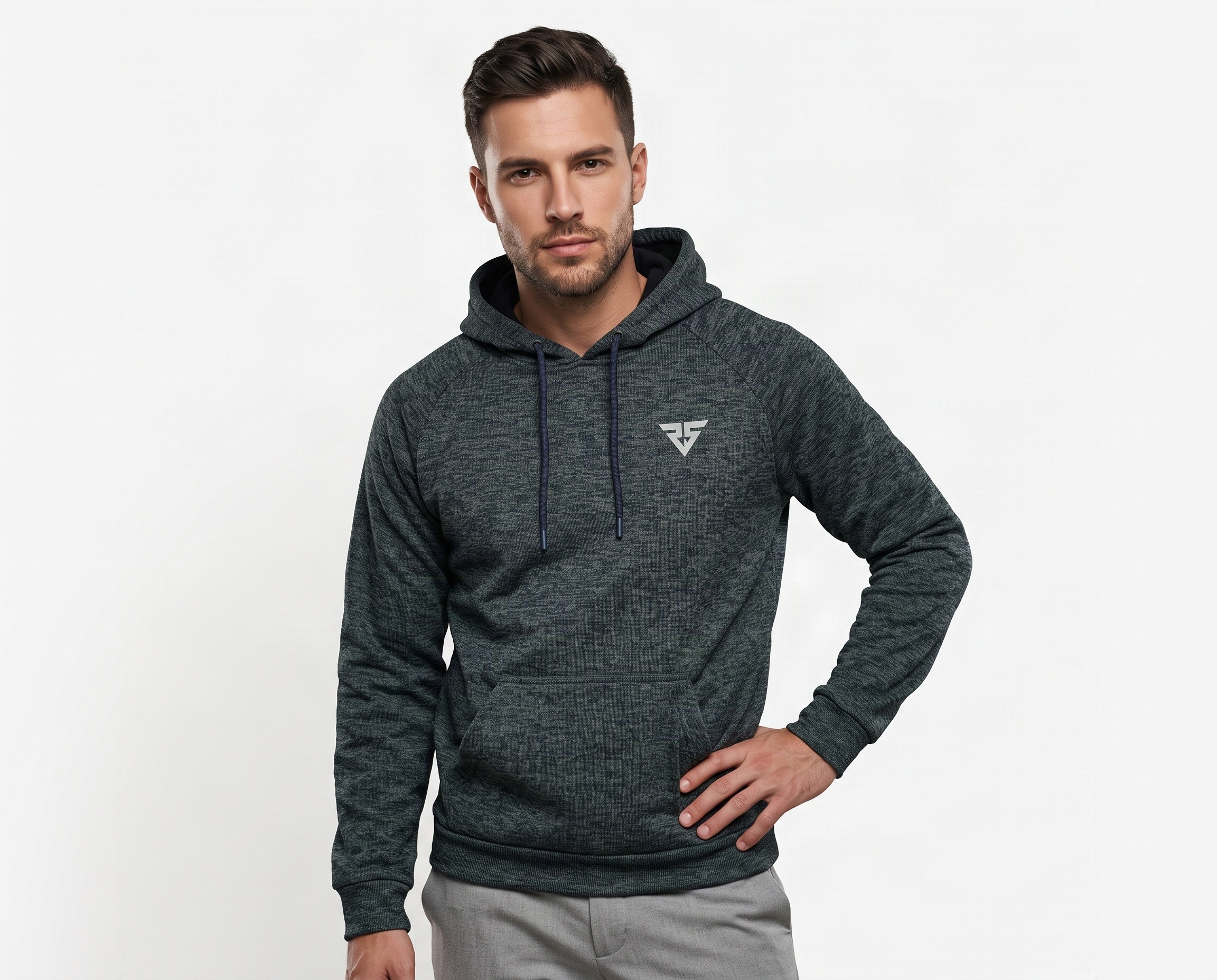 Men’s dark heather training hoodie with drawstring hood, raglan sleeves, kangaroo pocket and custom chest logo
