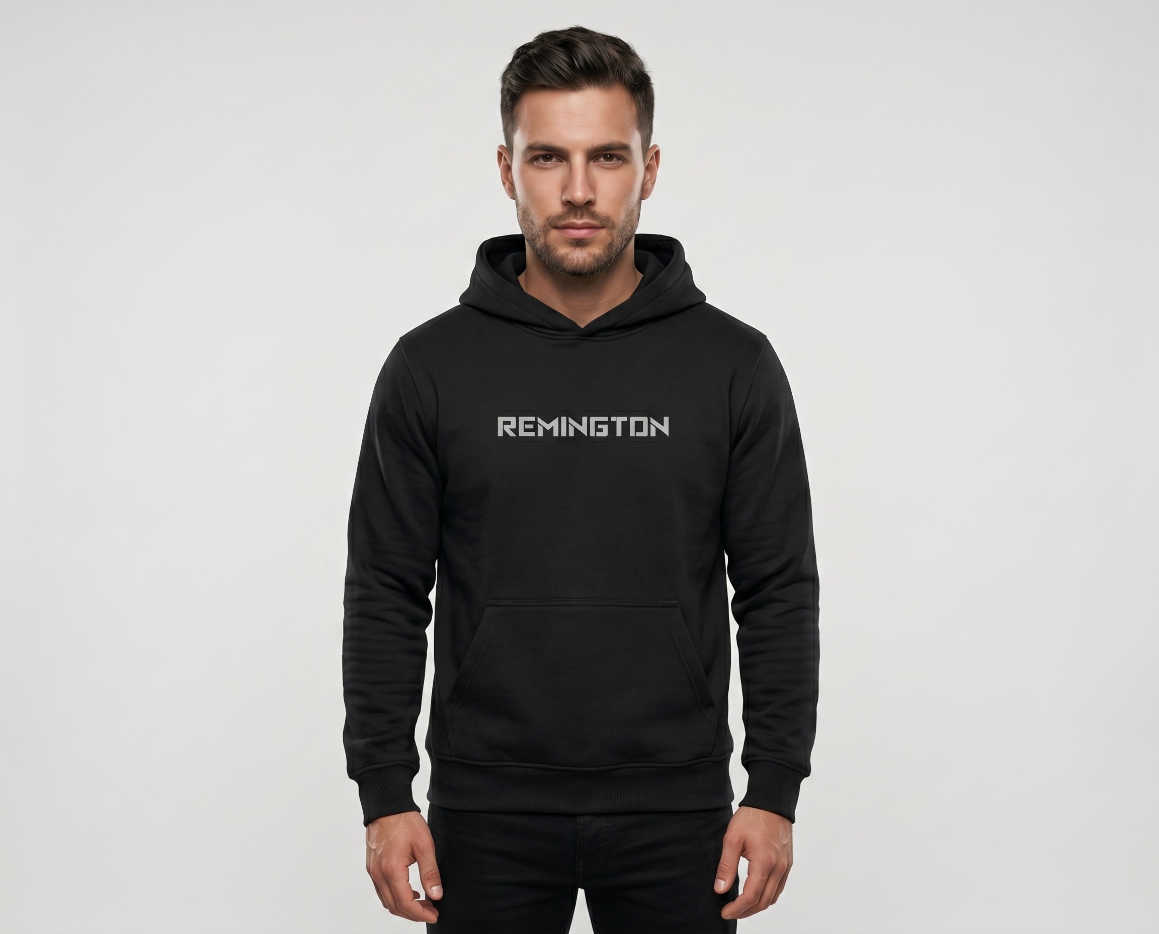 Men’s black club pullover hoodie with hood, kangaroo pocket, ribbed cuffs and custom Remington chest branding