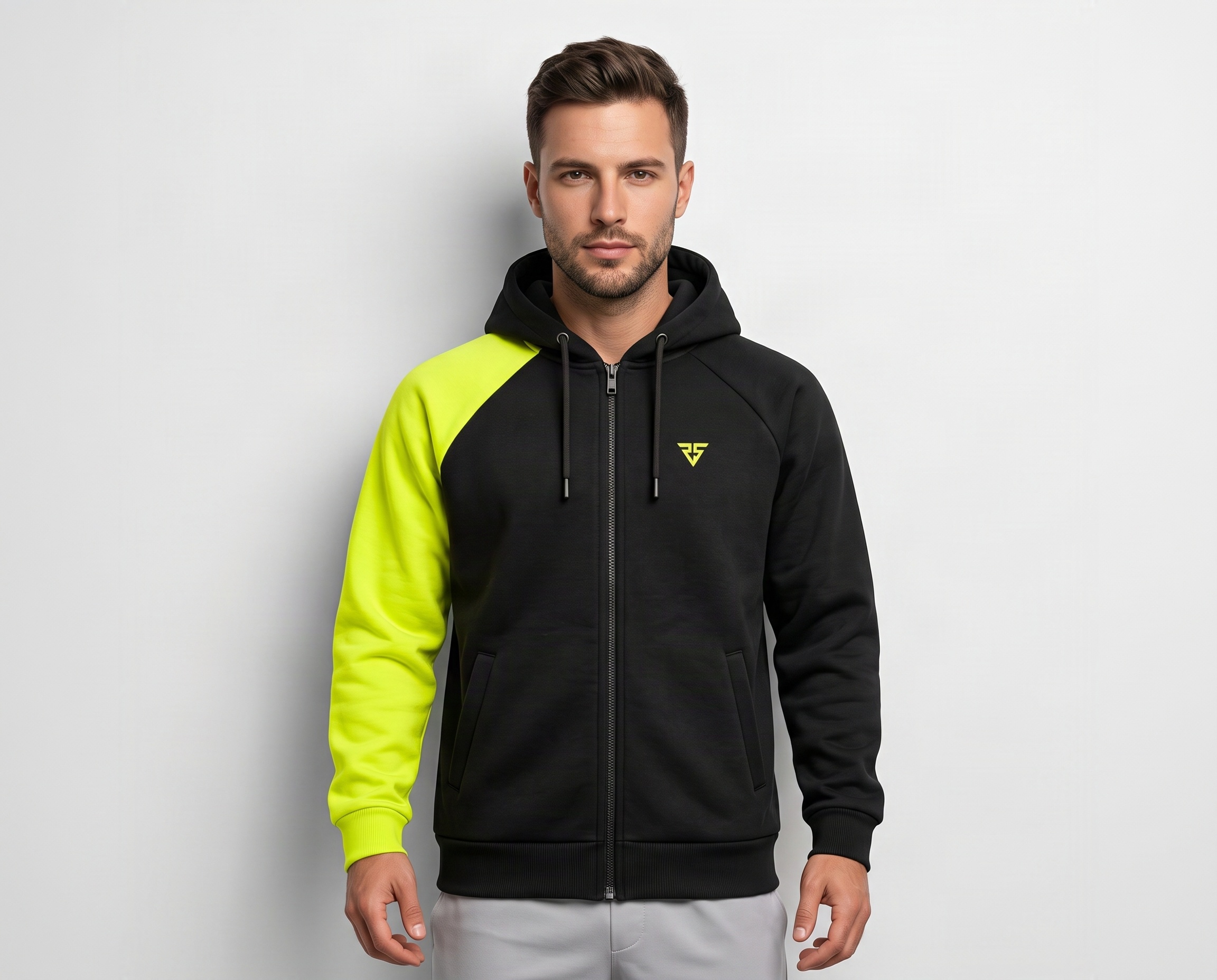 Men’s black full-zip club hoodie with fluorescent contrast sleeve, hood and custom chest branding