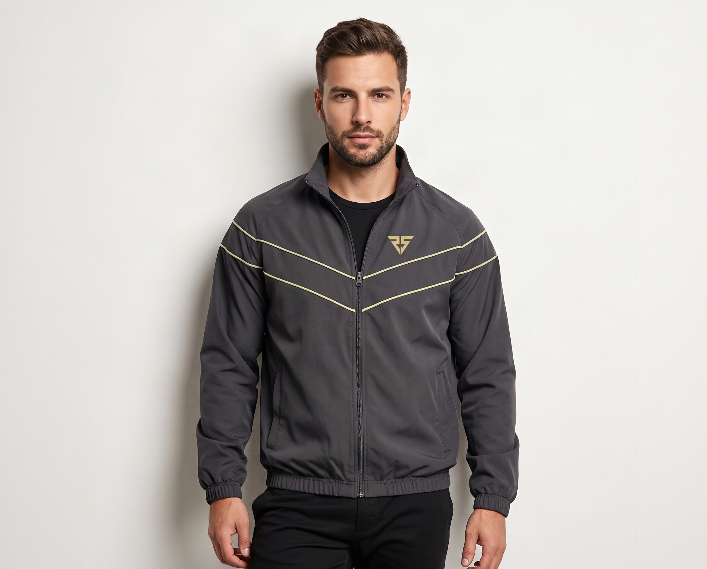 Men’s grey polyester track jacket with contrast piping, full front zipper and stand collar