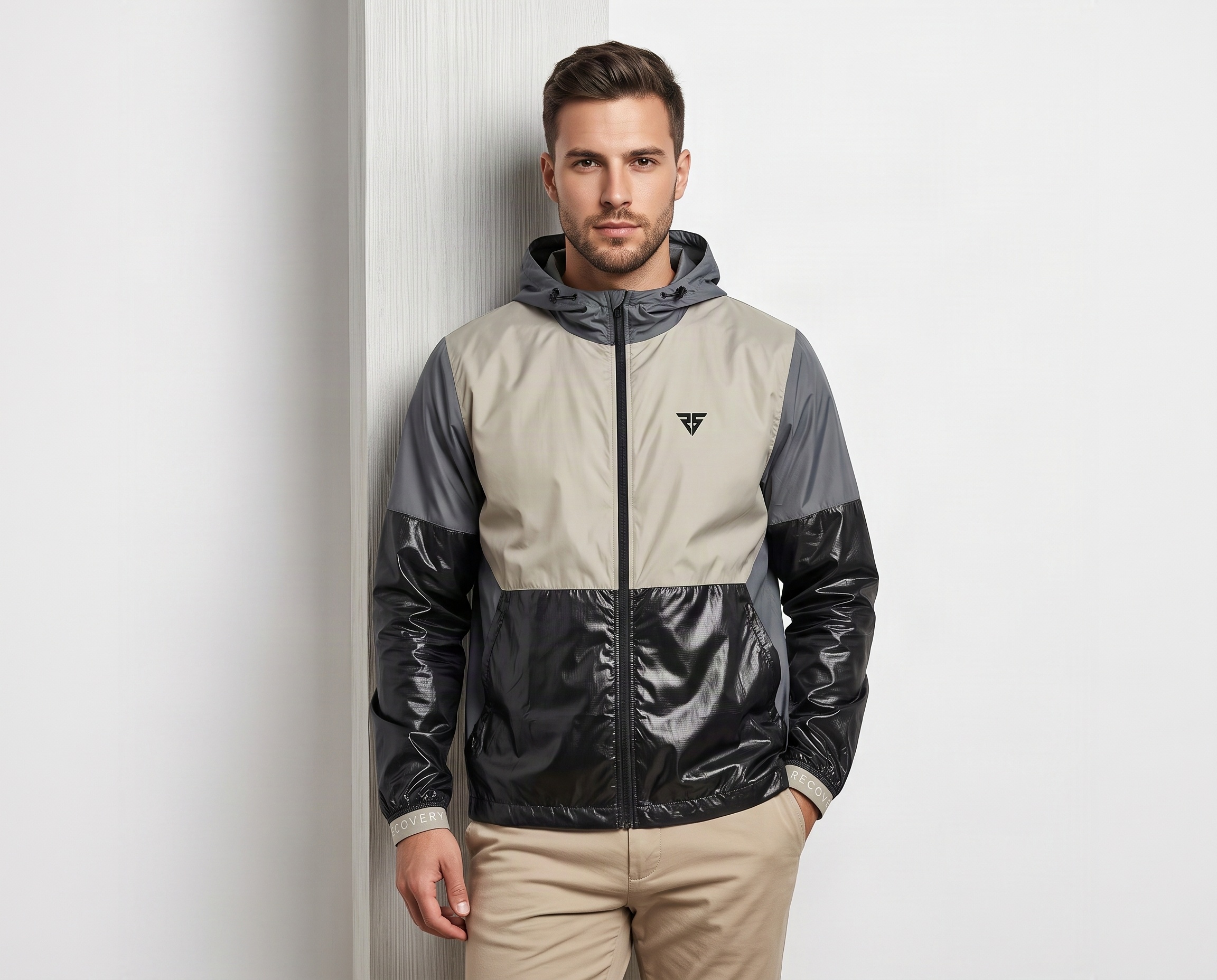 Men’s beige grey and black colorblock hooded jacket with full zipper