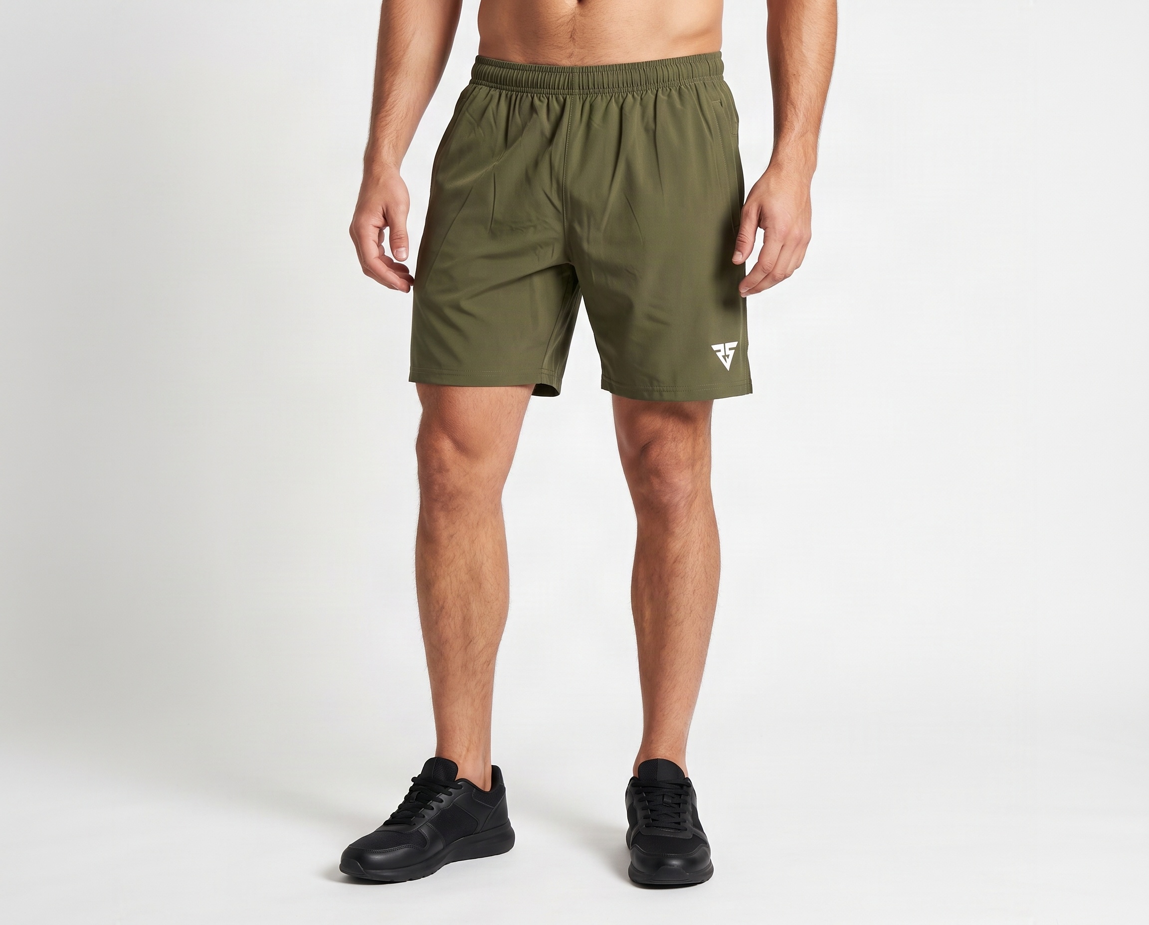Men’s olive green lightweight training shorts with elastic waistband, side pockets and custom sports logo
