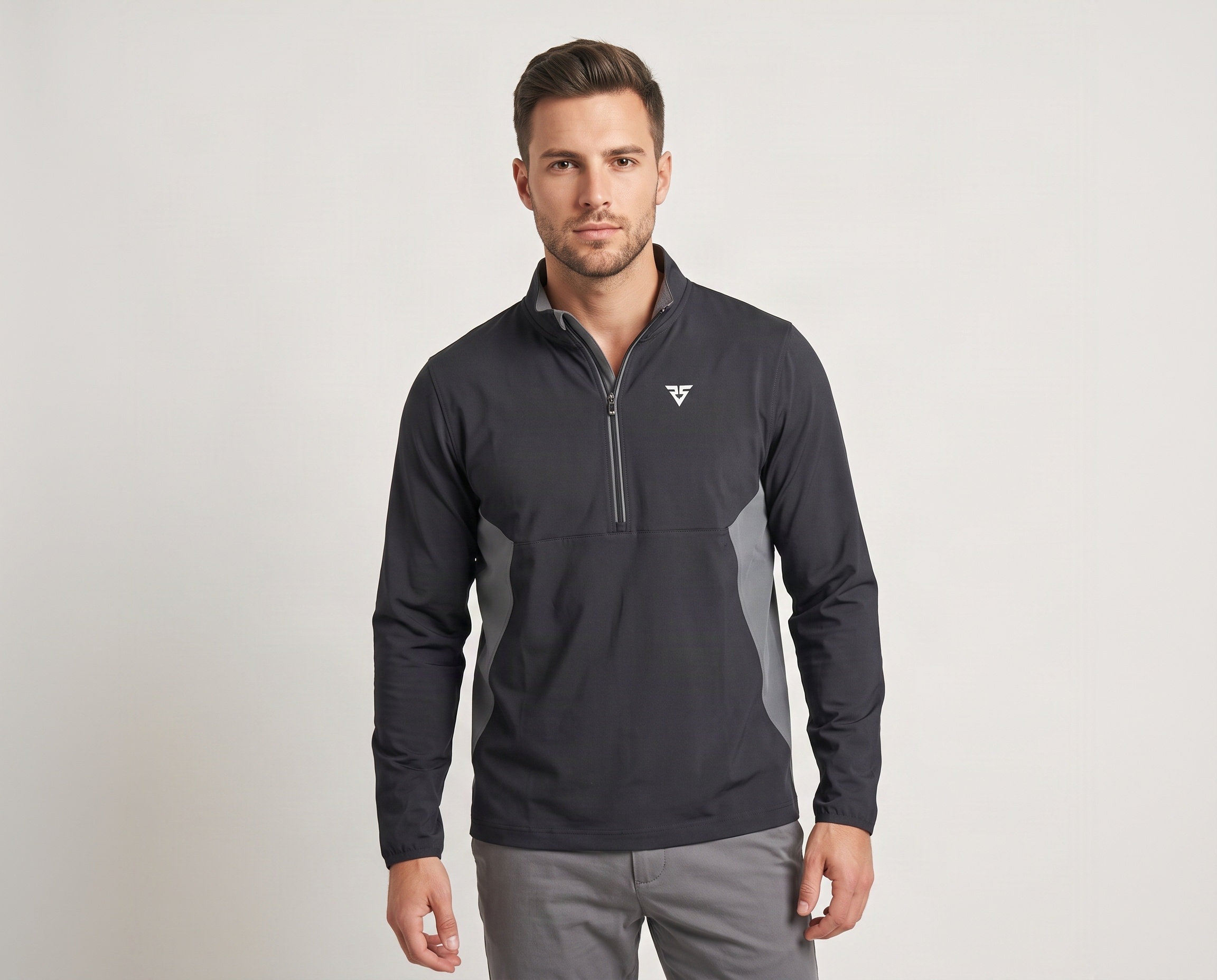 Men’s charcoal-black half-zip training jacket with grey side panels and stand-up collar