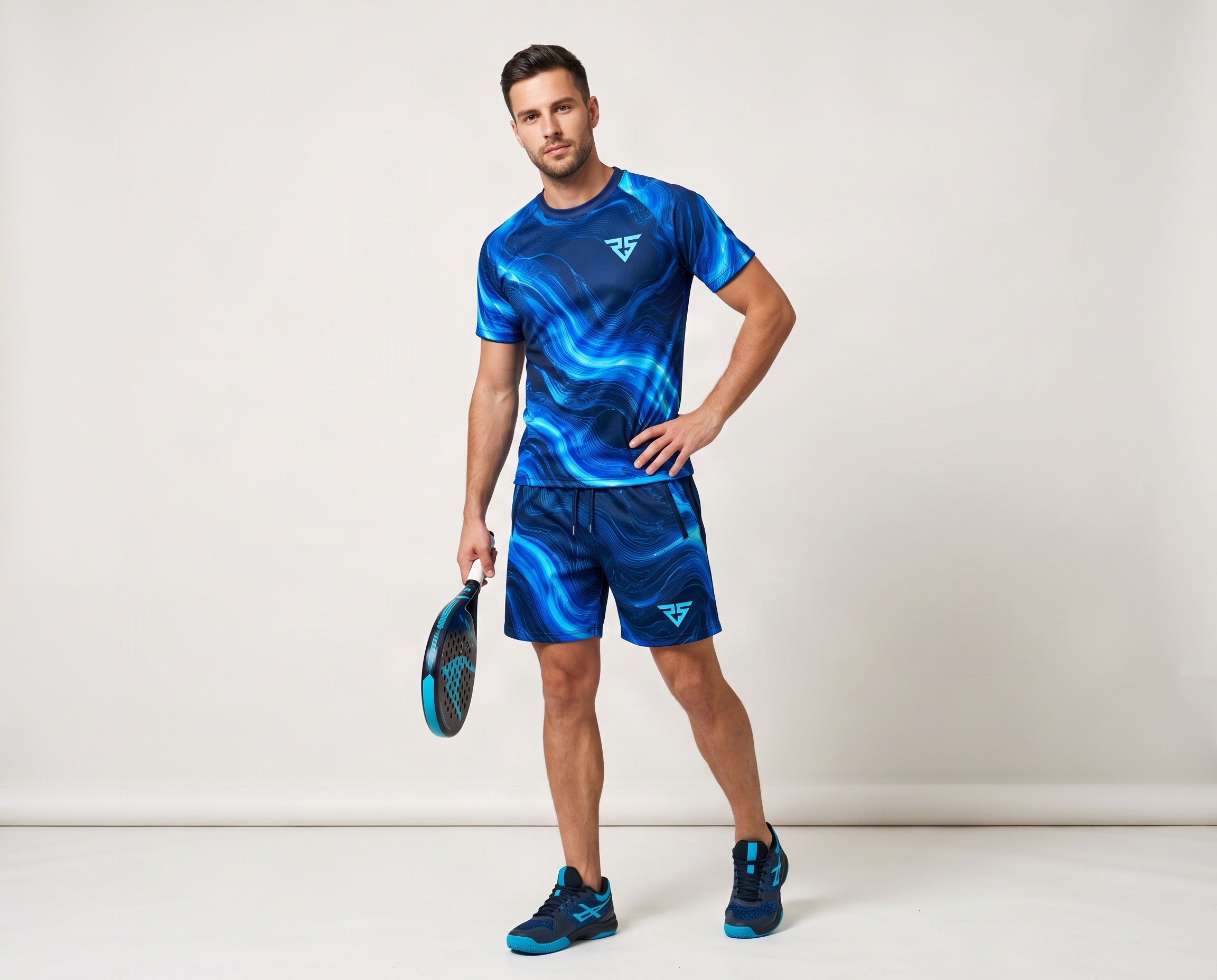 Men's blue sublimated padel uniform with electric wave pattern, short-sleeve jersey, matching shorts and RS logo