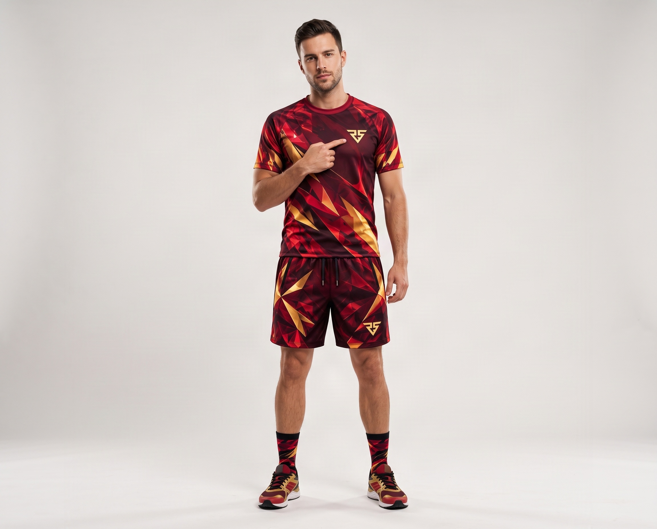 Men's burgundy and red sublimated padel uniform with gold geometric patterns, matching shorts and RS logo