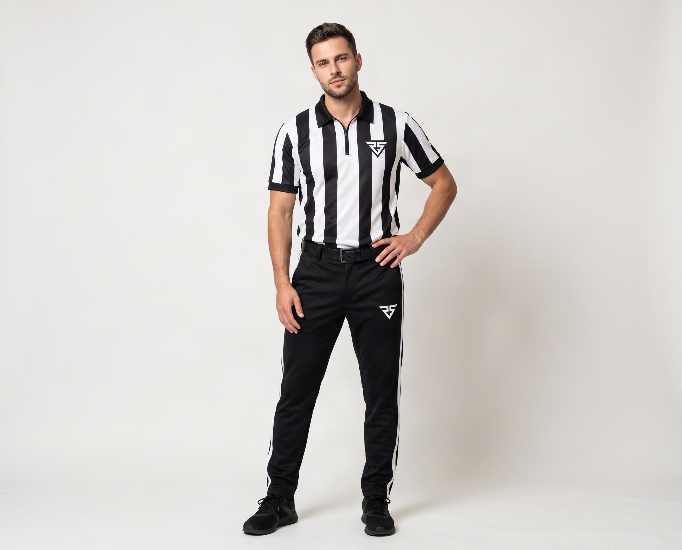 Men's black-and-white striped referee uniform with quarter-zip polo shirt and black trousers with white side stripes