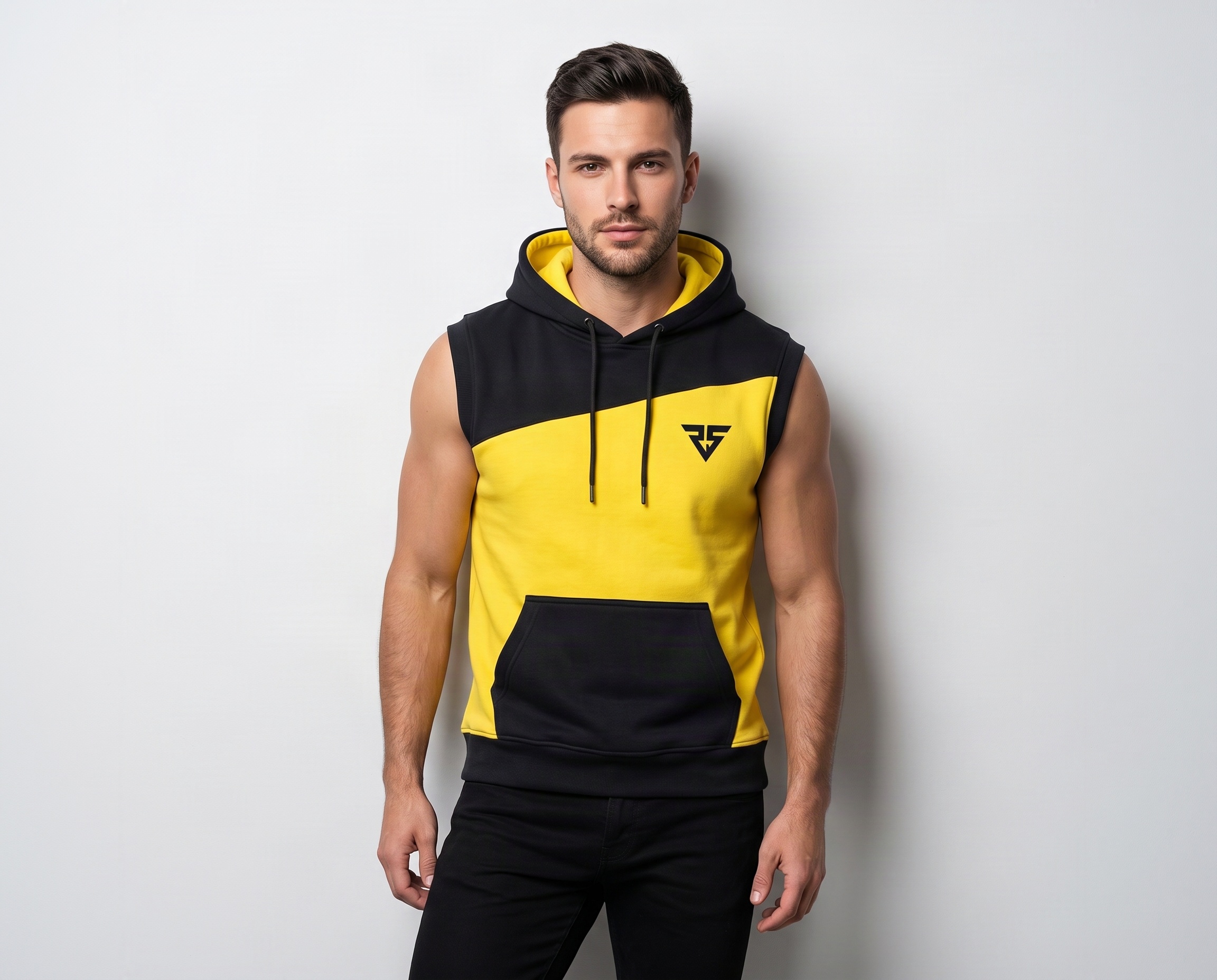 Front view of men’s black and yellow sleeveless hoodie with contrast panel design and adjustable hood.