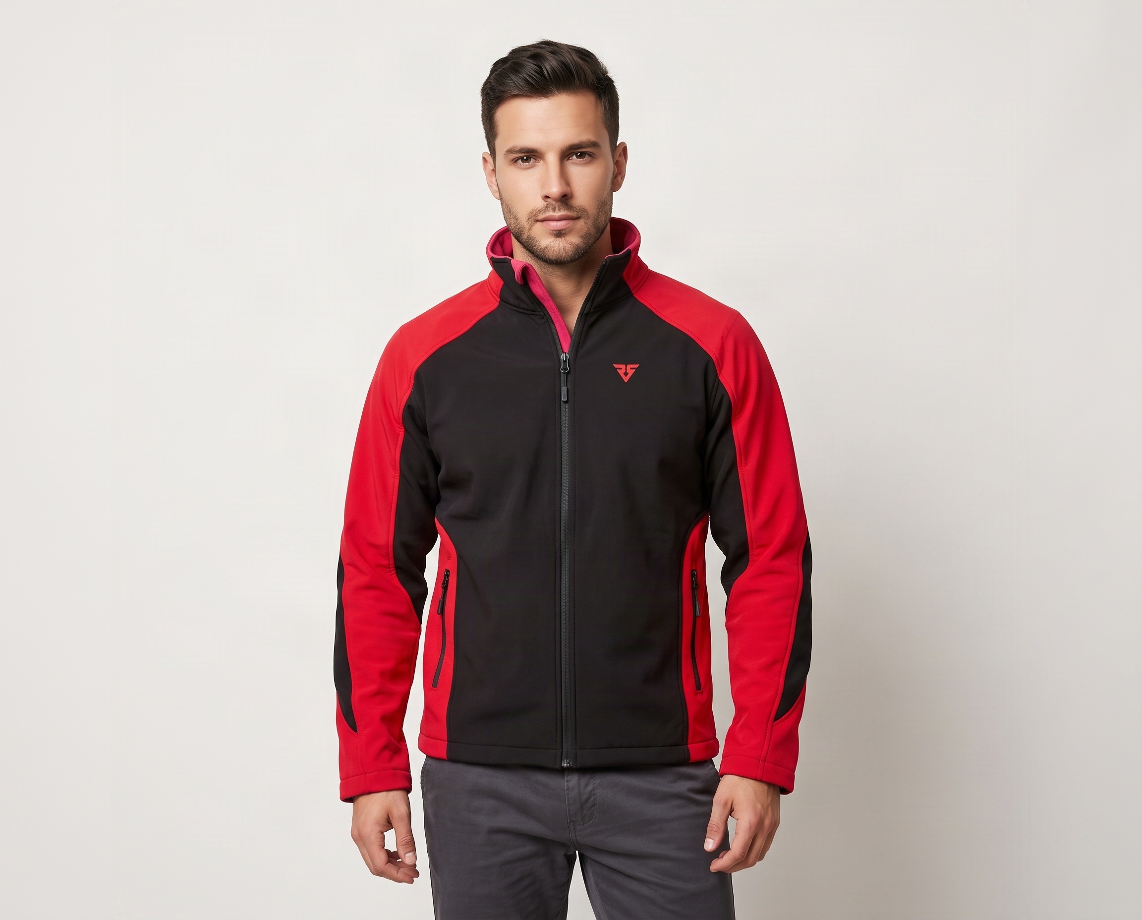 Men’s black and red softshell jacket with full front zipper, stand-up collar and zippered side pockets