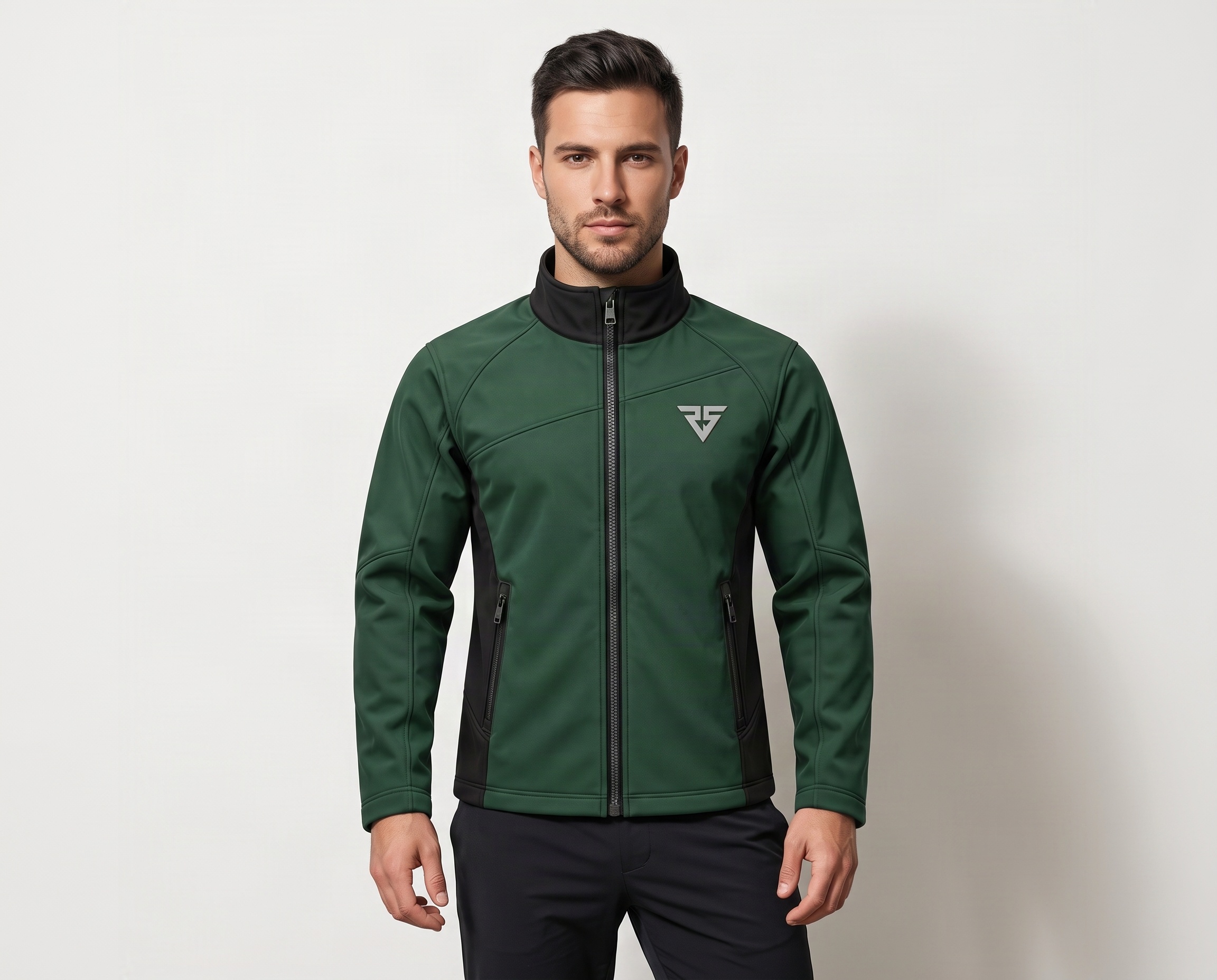Men’s forest green softshell jacket with black stand-up collar, full front zipper and vertical zippered pockets