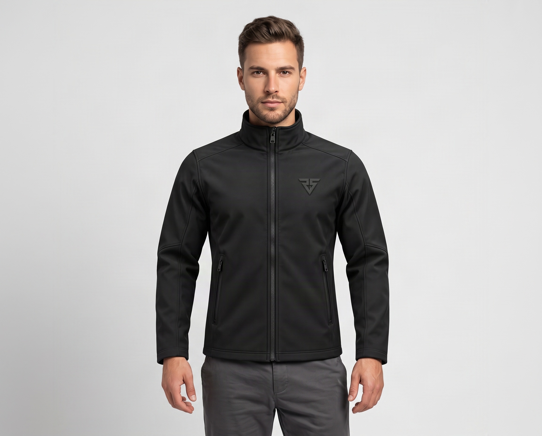 Men’s all-black softshell jacket with stand-up collar, full front zipper, tonal chest logo and zippered pockets