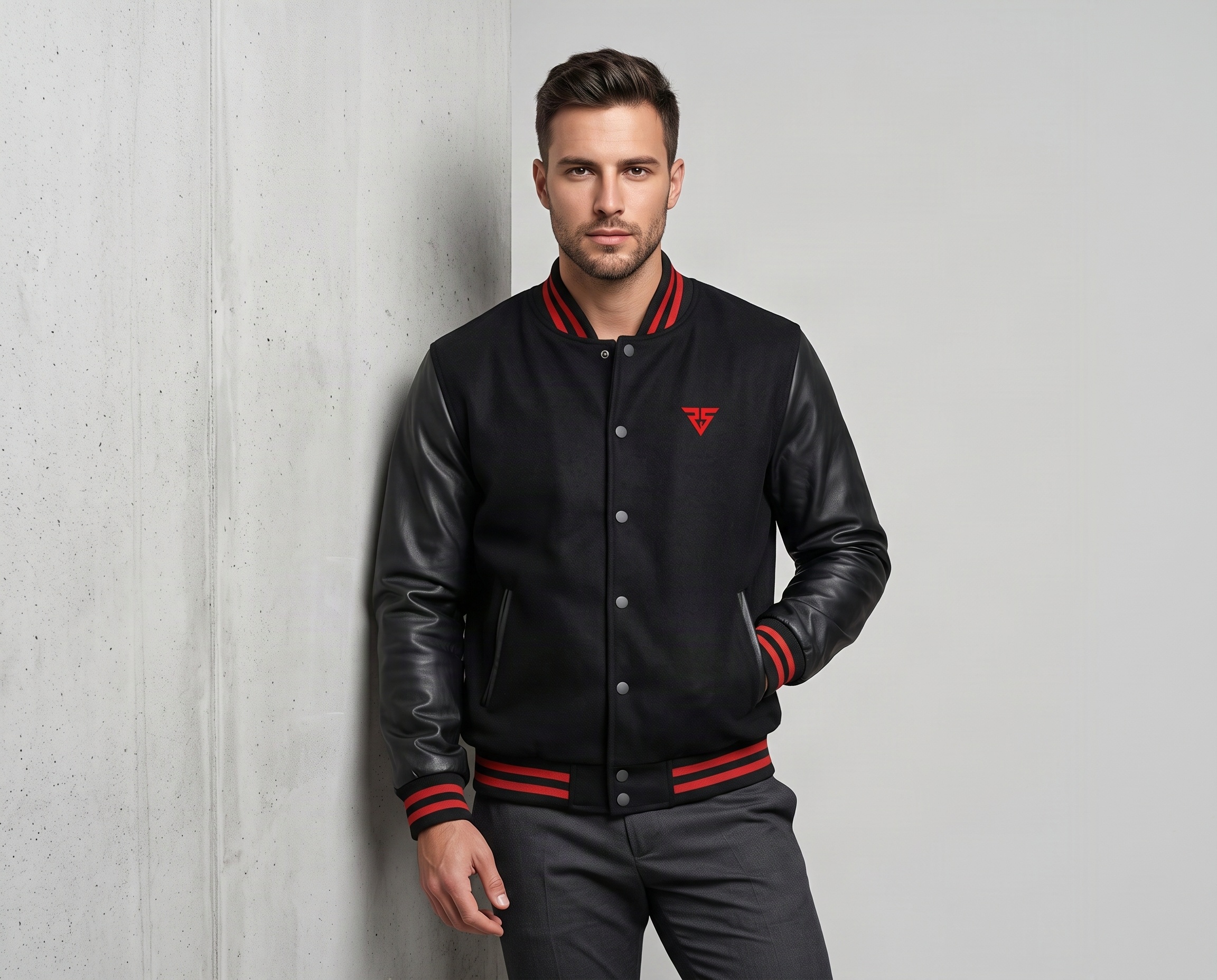 Men’s black classic varsity jacket with leather-look sleeves, snap buttons and red striped rib trims