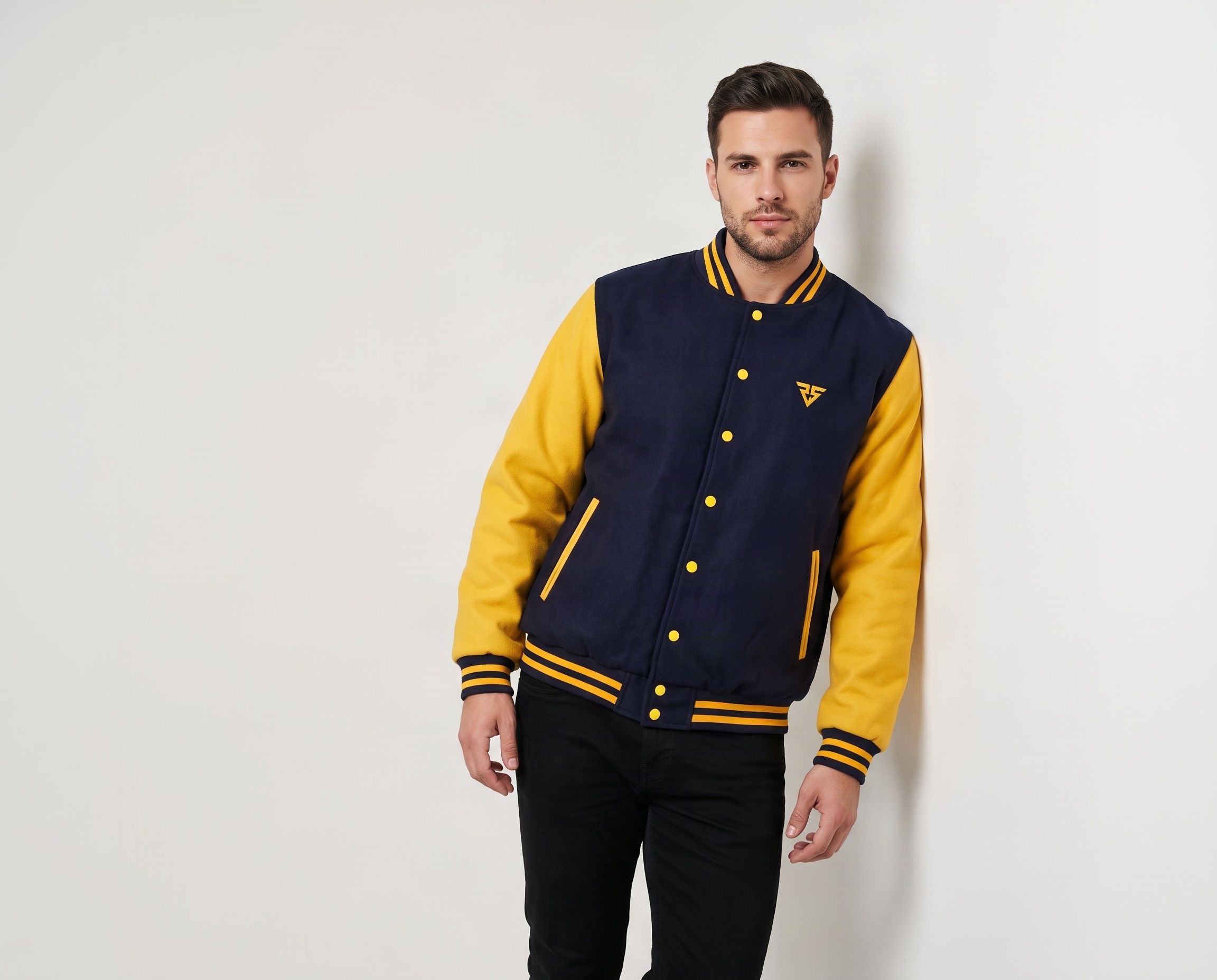 Men’s navy and yellow varsity jacket with snap buttons and striped ribbed collar