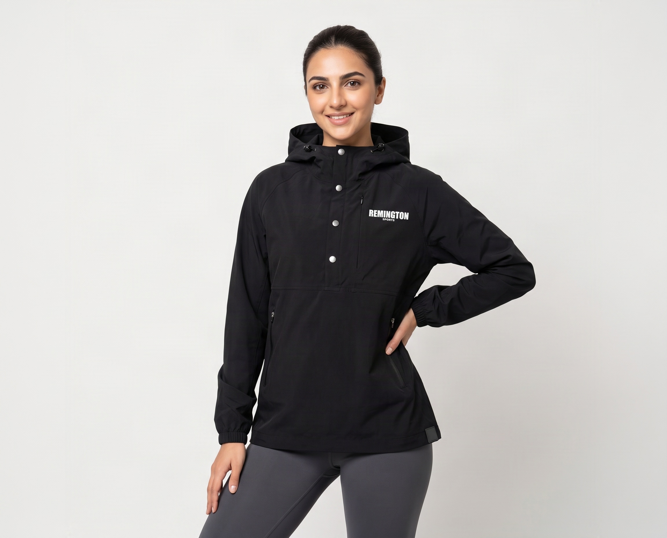 Women's black hooded pullover jacket with snap-button front closure, zippered pockets and Remington Sports logo